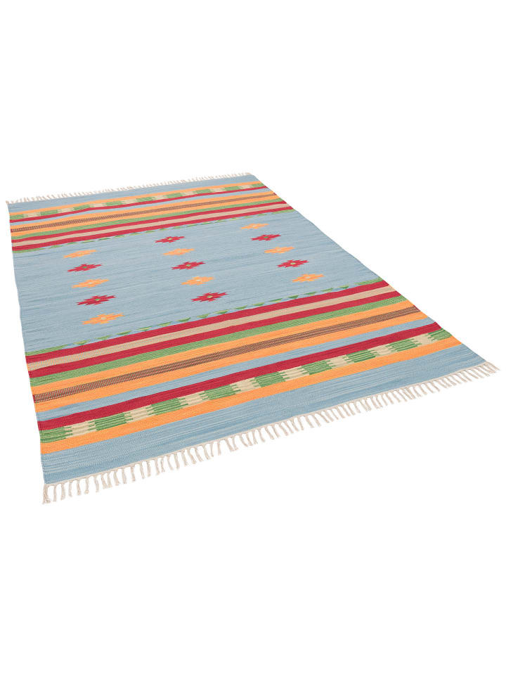 Pergamon Baumwolle Natur Kelim Teppich Lina Stripes in Blau günstig kaufen