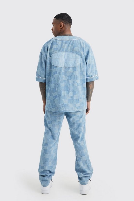 Patchwork Jacquard Baseball-Jeanshemd