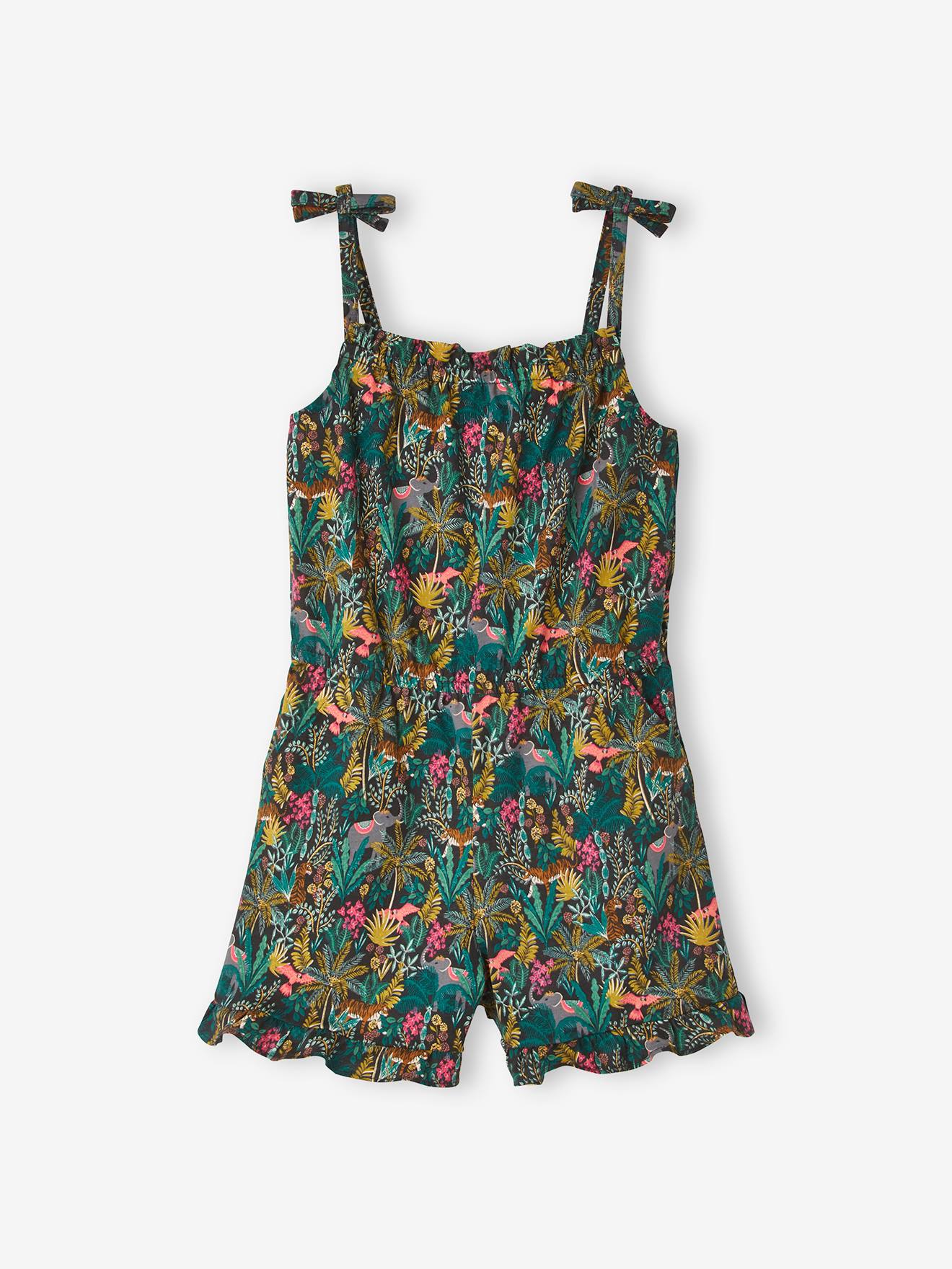 Vertbaudet Kurzer Mädchen Jumpsuit mit Trägern - schwarz bedruckt