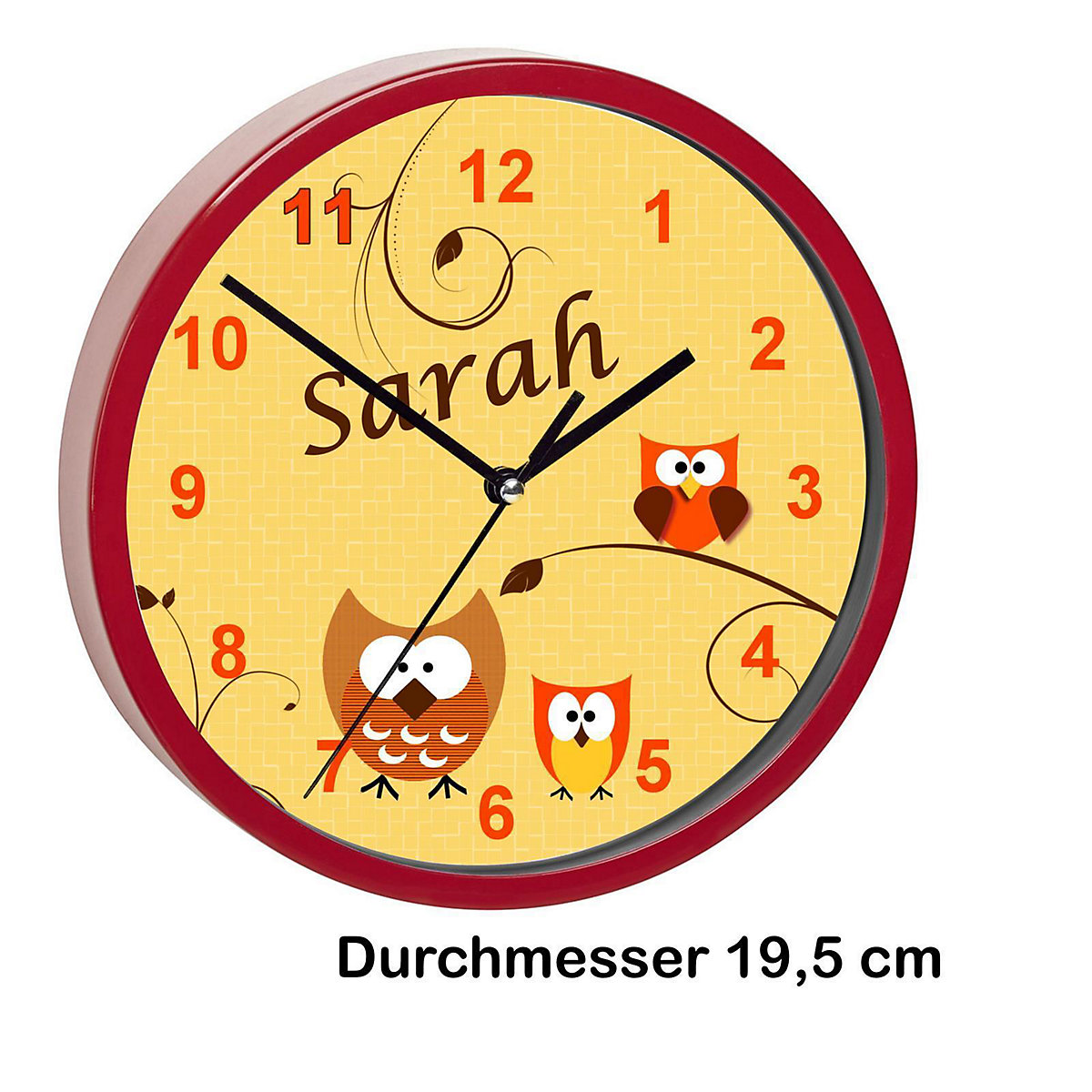 Kinder Wanduhr laufruhig personalisiert mit Name Eule Orange