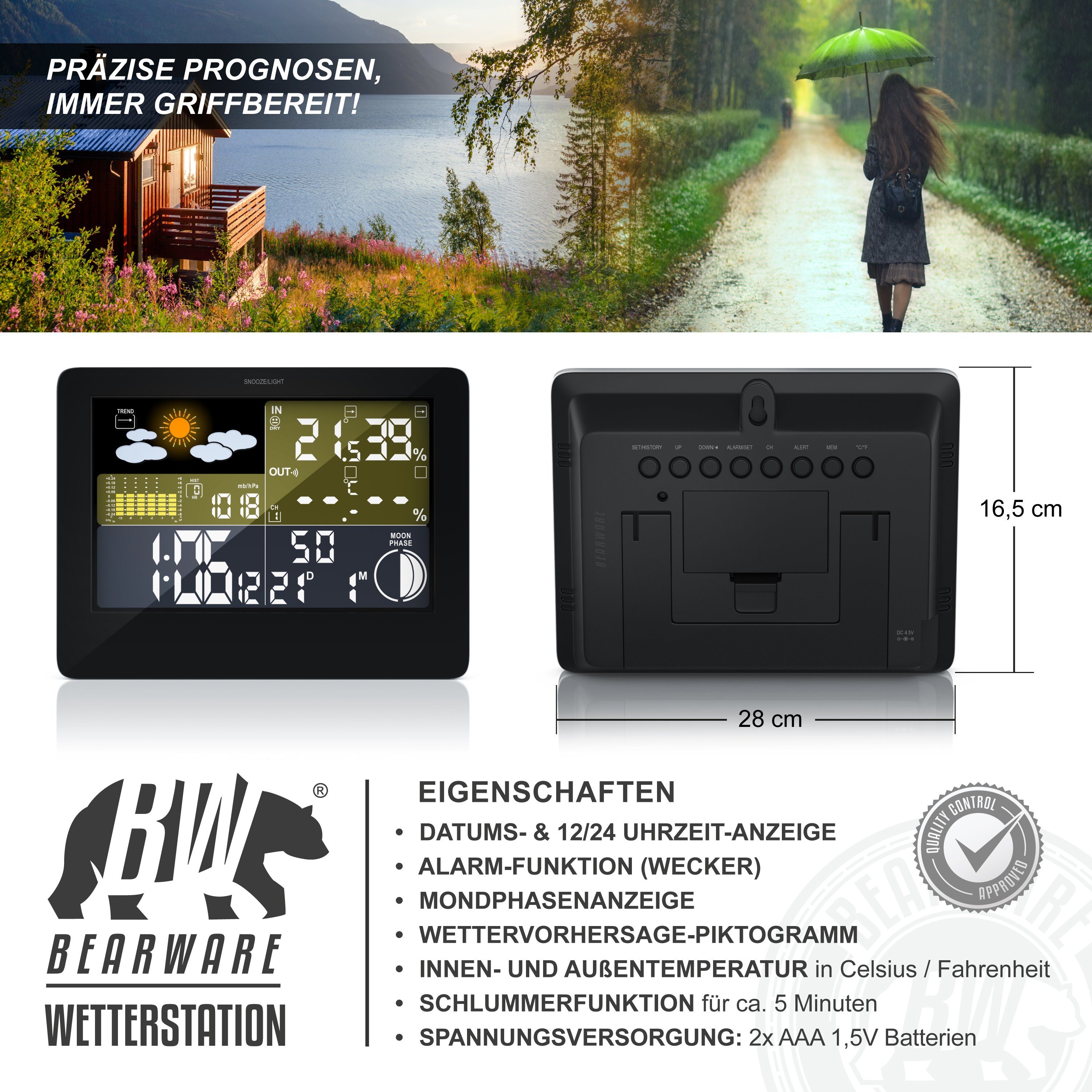 BEARWARE Wetterstation (Außensensor, Funk, LCD Farbdisplay, Wettervorhersage-Piktogramm)