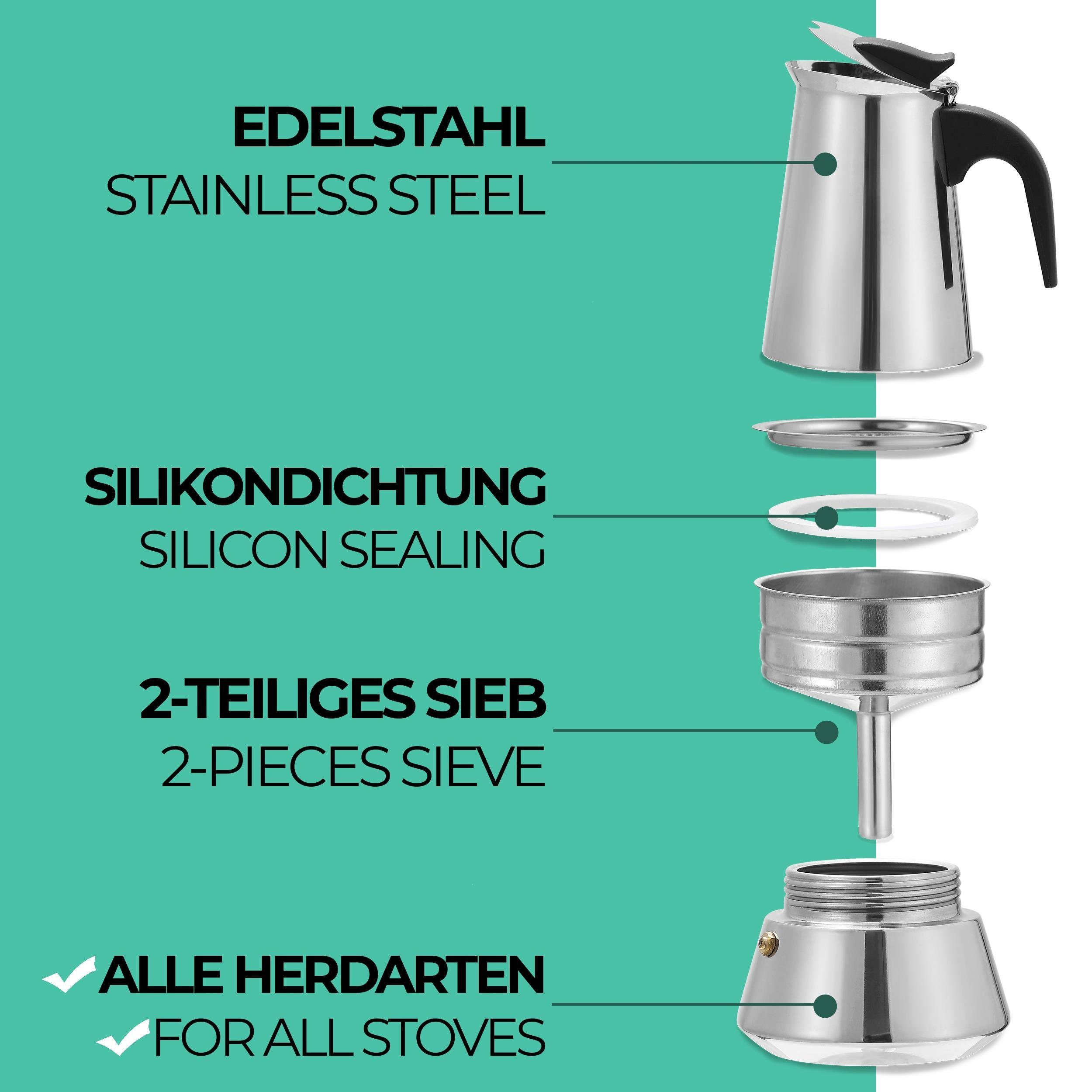 Cosumy Espressokocher Cosumy Espressokocher Set für 6 Tassen, mit Reinigungsbürste und Dosierlöffel - Induktion geeignet - Edelstahl Rostfrei