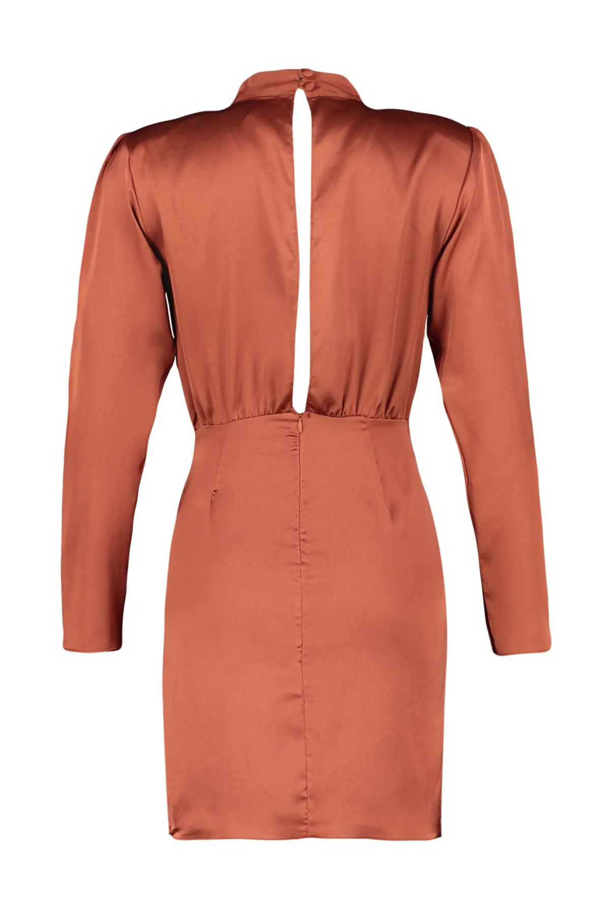 Trendyol Collection  Dunkles Zimt-Abendkleid aus Satin mit hohem Kragen TPRAW22EL1217
