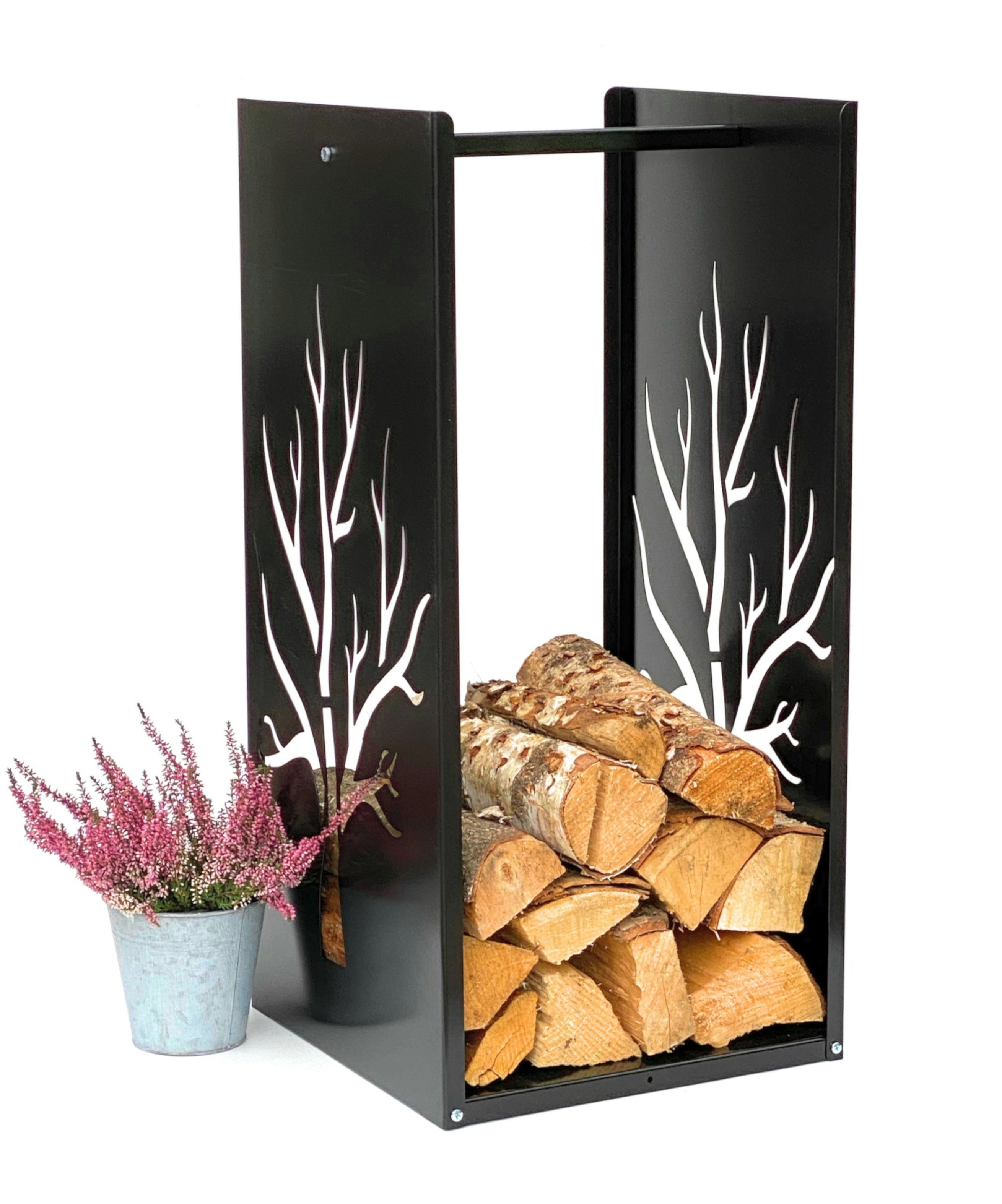 DanDiBo Kaminholzregal Kaminholzregal Metall Schwarz Innen Kaminholzständer 96196 Holzkorb 80 cm Kaminholzhalter Holzregal Eckig Baum