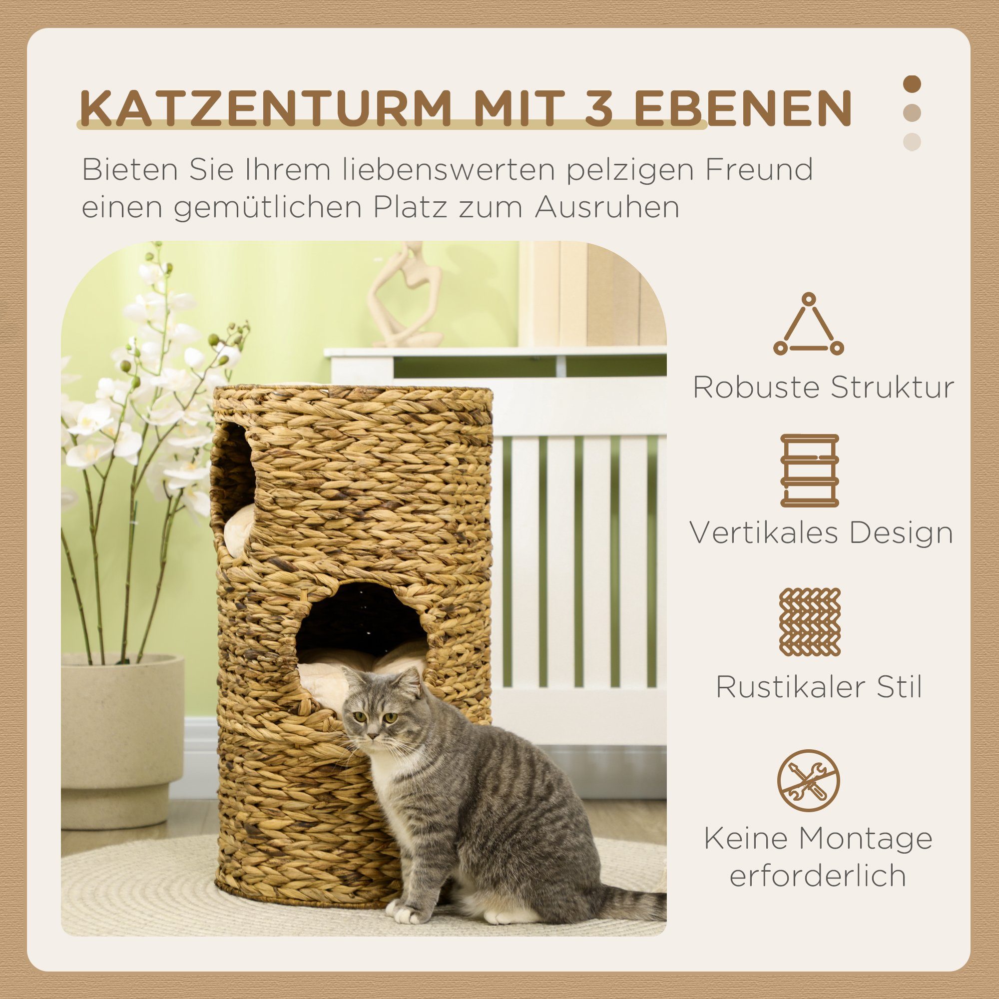 PawHut Kratzbaum Katzenturm Katzentonne mit 3 Höhlen, Wasserhyazinthe, Stahl, Hellbraun, Ø40 x 73H cm