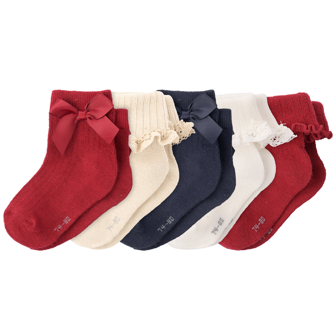 5 Paar Baby Socken im festlichen Dessin dunkelrot / dunkelblau / beige