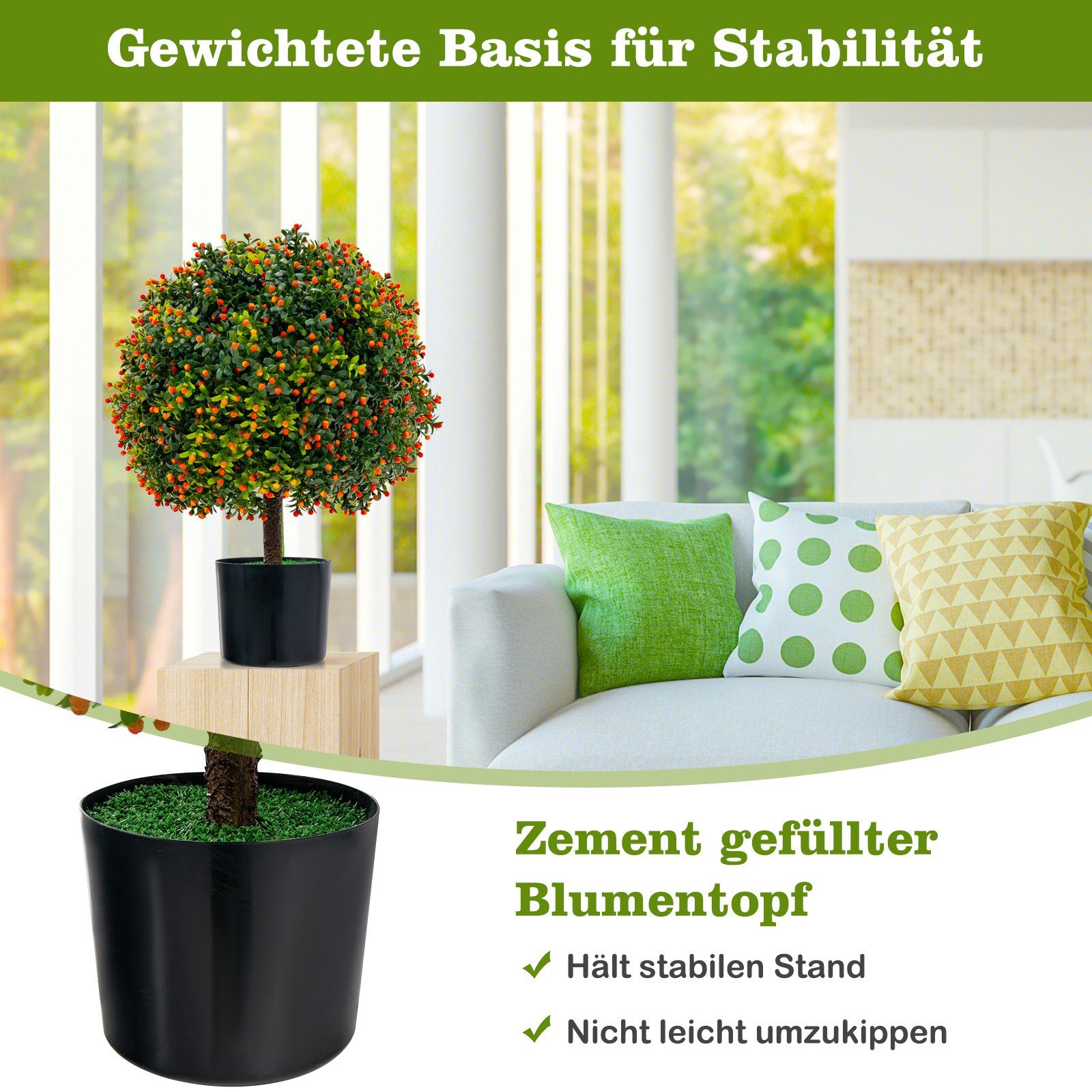 Kunstpflanze Buchsbaum, COSTWAY, Höhe 55 cm, 2er Set, mit Früchten & Topf
