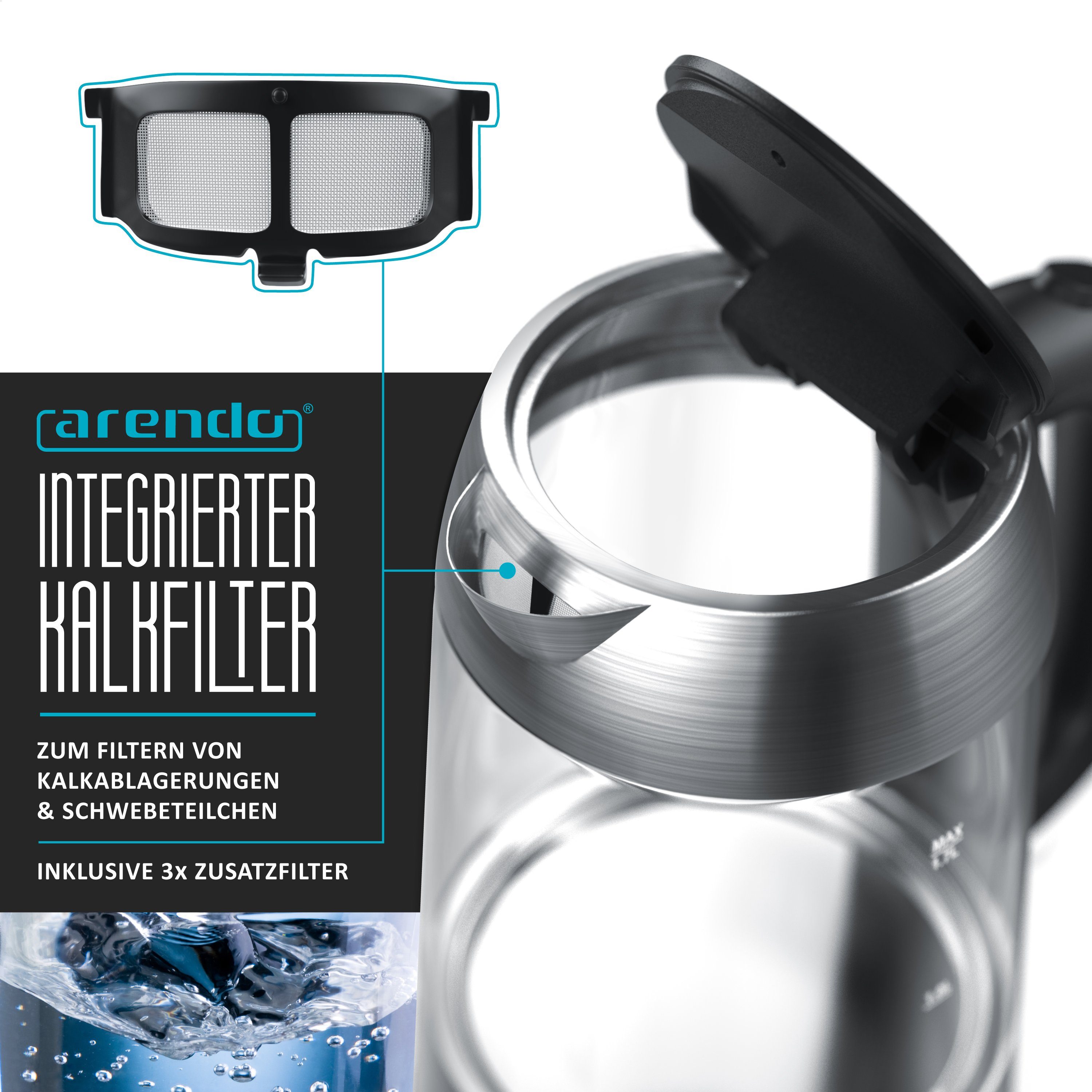 Arendo Frühstücks-Set (2-tlg), Glas Wasserkocher 1,7l / 2-Scheiben Toaster, Edelstahl, Silber