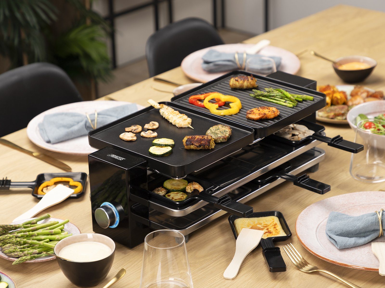 Setpoint Raclette, 8 Raclettepfännchen, 1200 W, Tischgrill-Gerät 2-8 Personen, Parkdeck gegen angebrannte Pfännchen