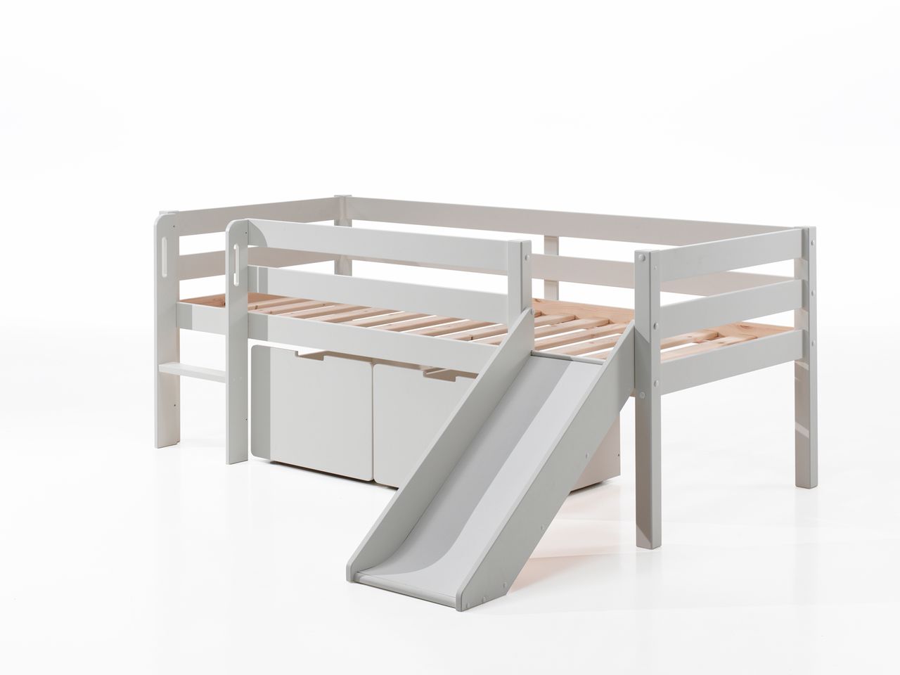 VIPACK Spielbett mit Liegefläche 90 x 200 cm, inkl. Leiter, Rutsche, Rolllattenrost und 2 Schubkästen, Kiefer und MDF weiß lackiert