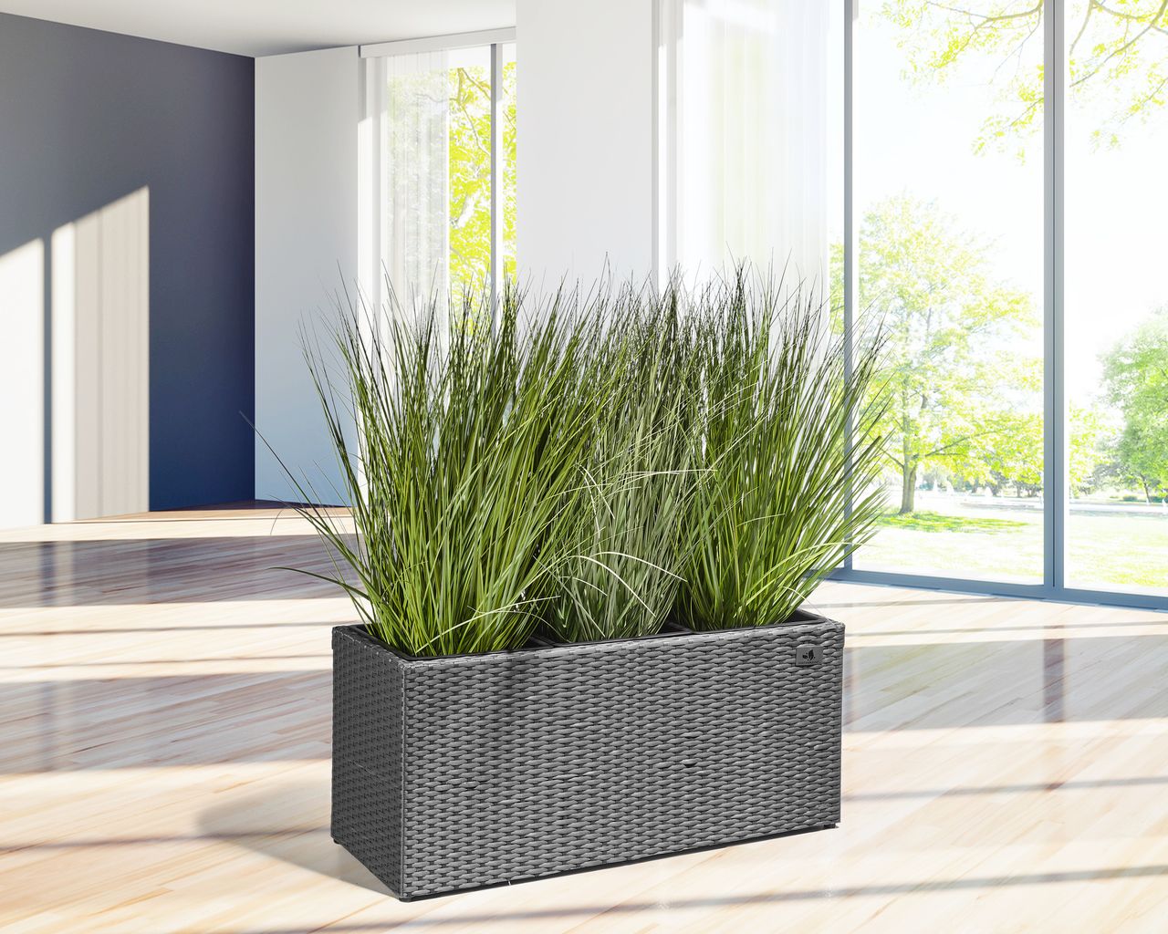 Weles Pflanzkübel Polyrattan 76 x 26 x 29,5 cm, für Innen und Außen, Kunststoffeinsatz, grau