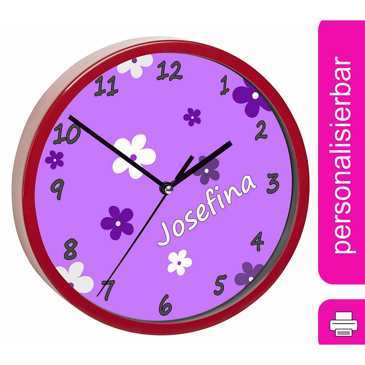 Kinder Wanduhr personalisiert mit Name Blumen Lila
