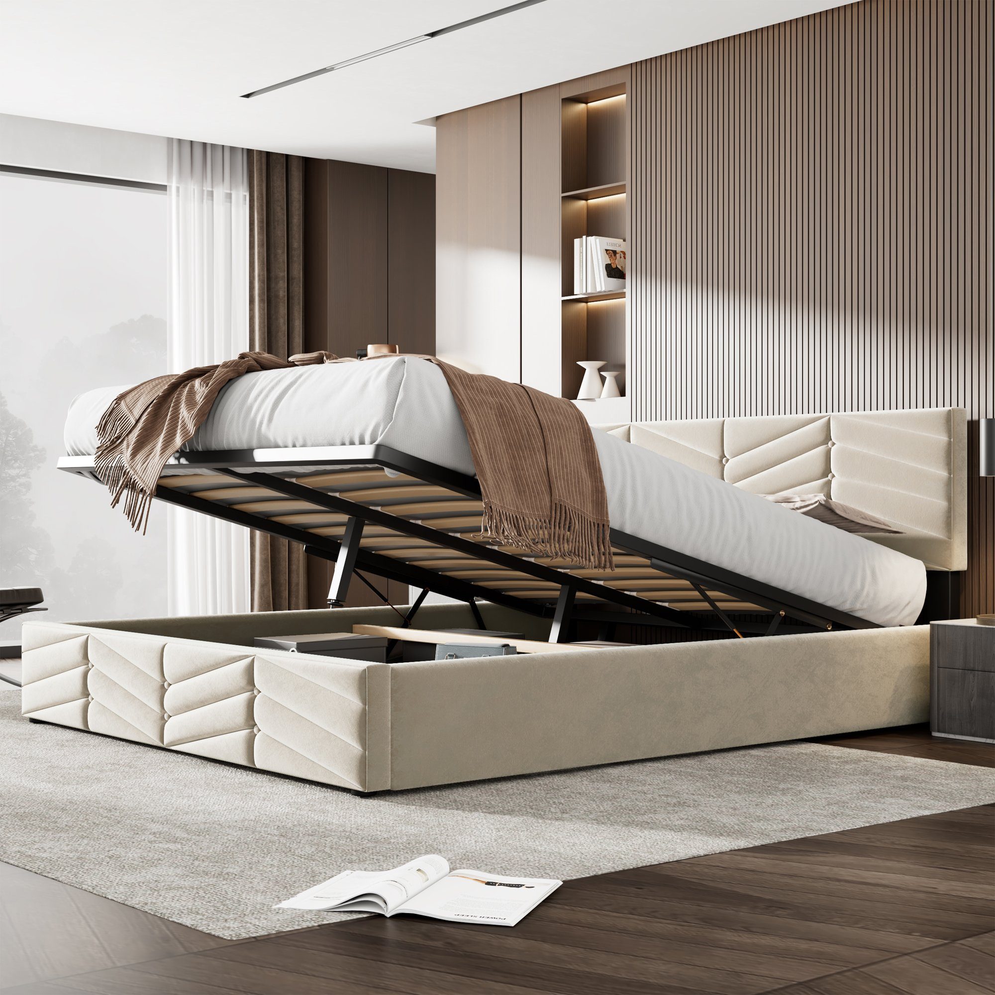 OKWISH Polsterbett Doppelbett Stauraumbett (140 x 200,Weiß mit Lattenrost ohne Matratze), Continentalbett,höhenverstellbares Kopfteil Allgemeine Daten