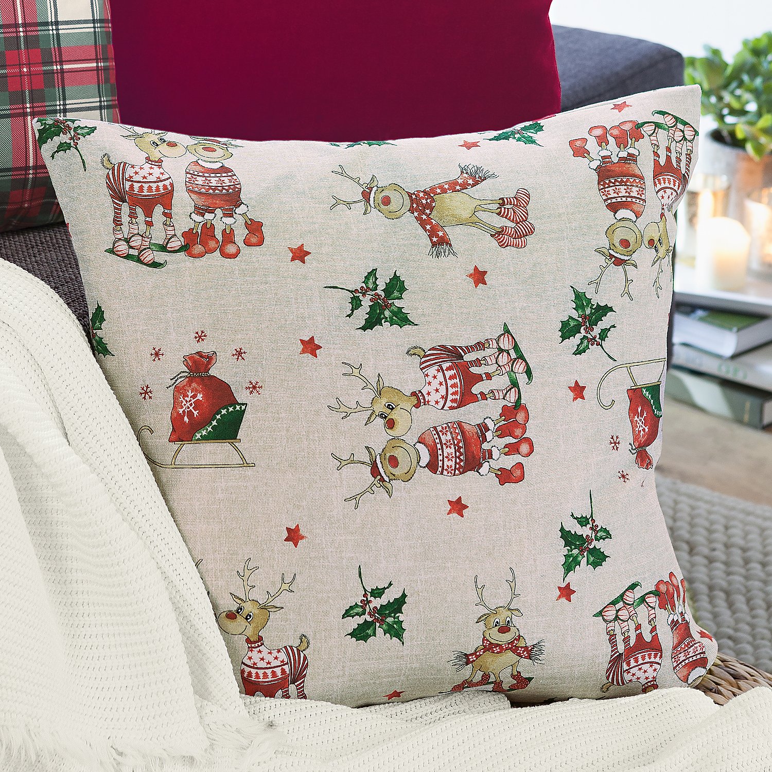 Dekostoff für Weihnachten fröhliche Rentiere 