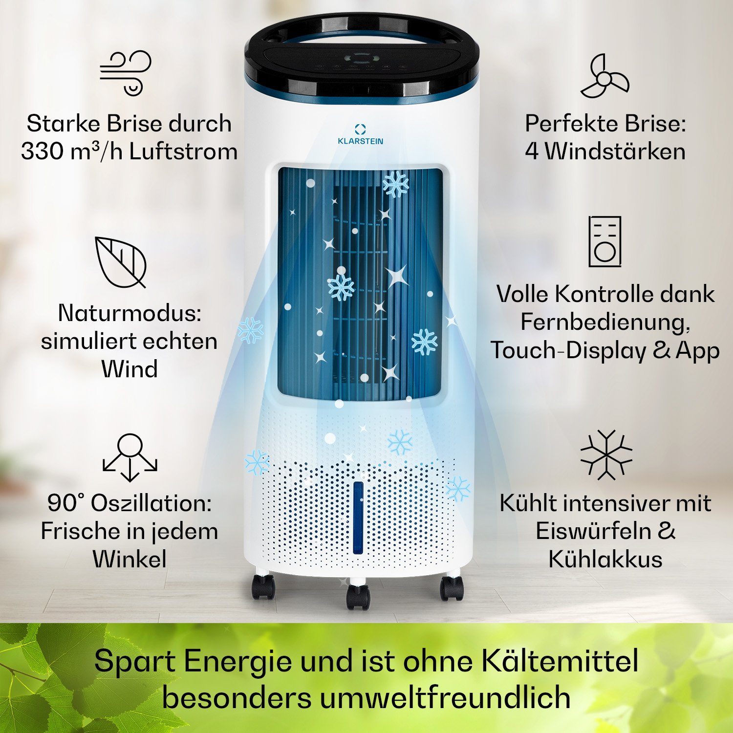 Klarstein Ventilatorkombigerät IceWind Plus Smart 4-in-1 Luftkühler, mit Wasserkühlung & Eis mobil Klimagerät ohne Abluftschlauch