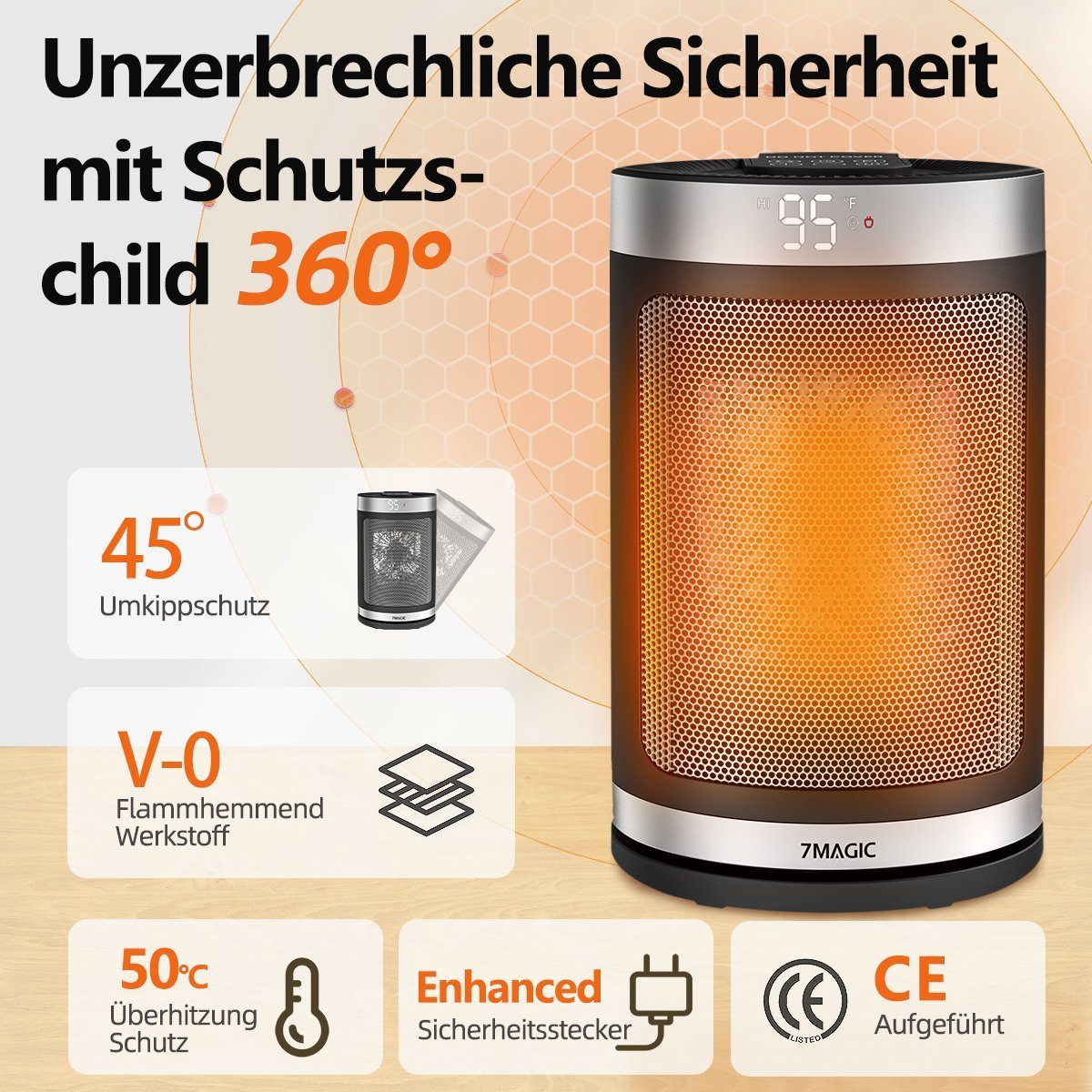 7Magic Heizlüfter Energiesparender Heizgerät 1500W Elektrischer PTC Keramik 4 Modus, 1500 W, mit Thermostat, 12 Std. Timer, 90° Oszillierend Elektroheizung
