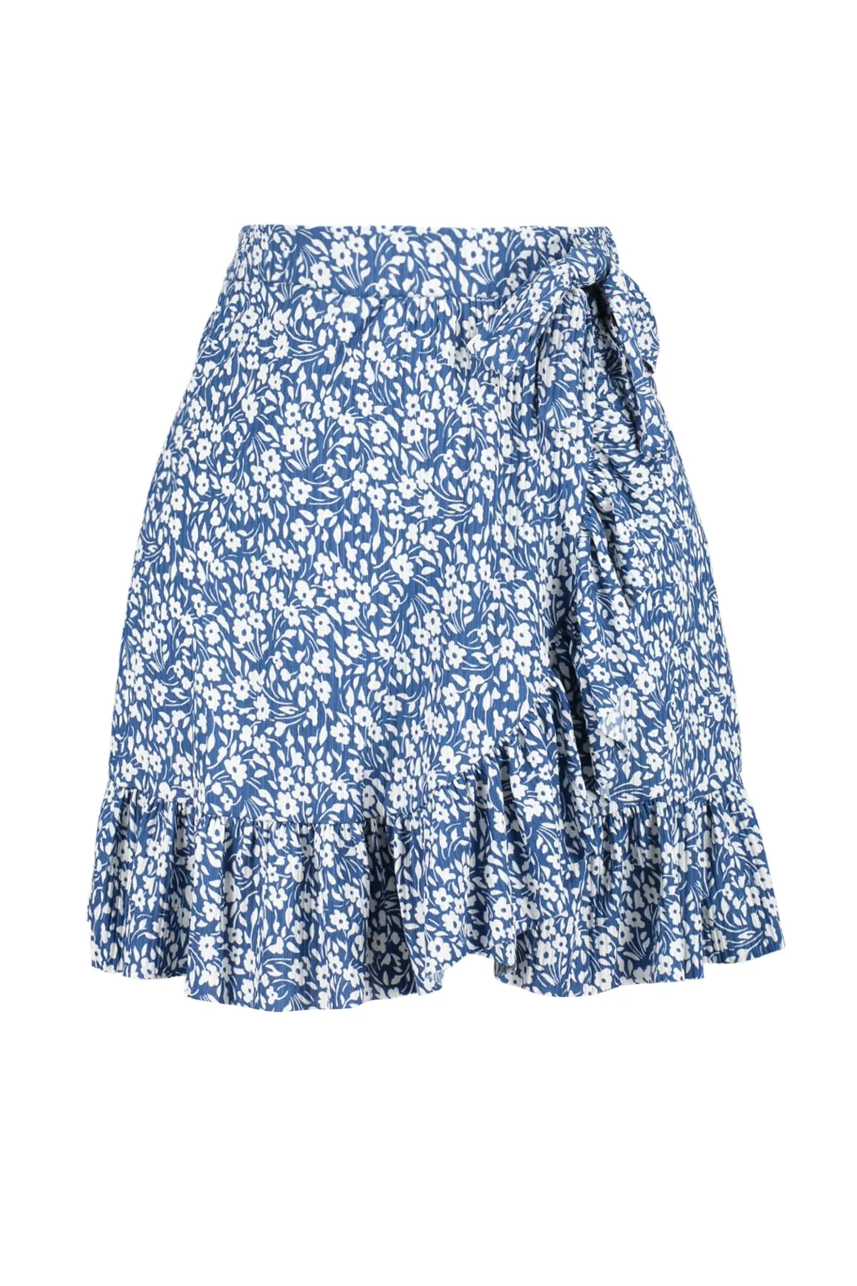 Trendyol Collection  Indigoblau bedruckter, hoch taillierter Mini-Strickrock mit Volant und Stretch TWOSS21ET0010
