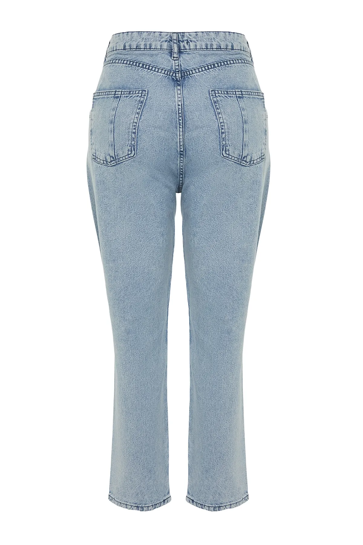 Trendyol Curve  Hellblaue Mom-Fit-Jeans mit hoher Taille und detailliertem Destroyed-Effekt TBBSS23CJ00019