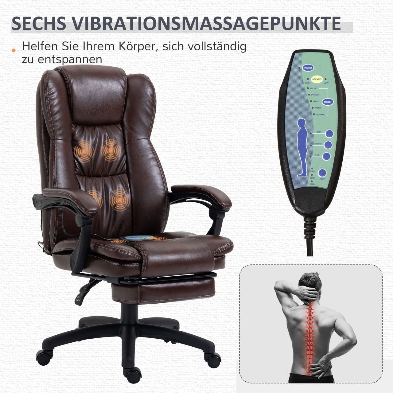 Vinsetto Bürostuhl Drehstuhl mit Massagefunktion Liegefunktion Braun