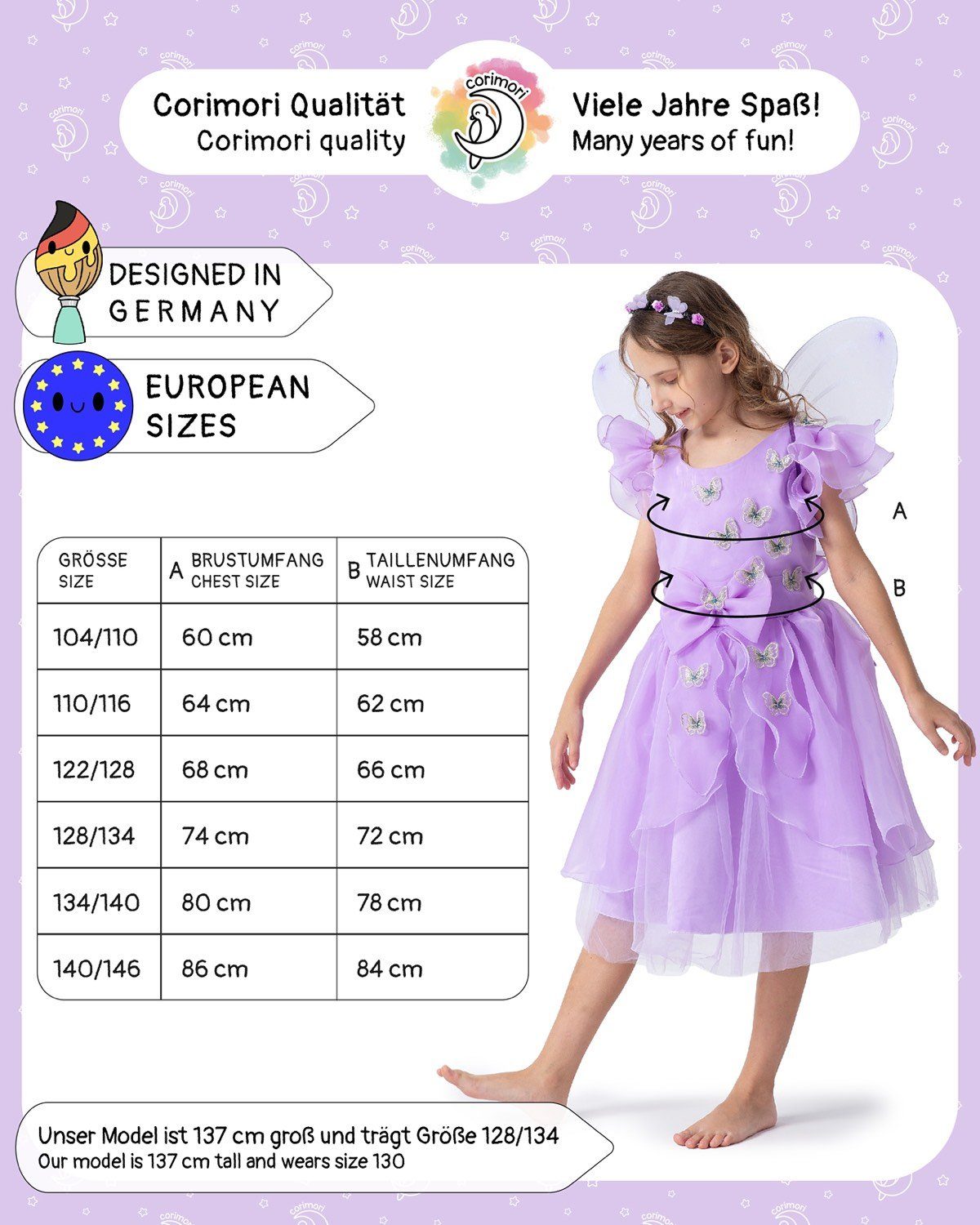 Corimori Prinzessin-Kostüm Prinzessin Kleid Kostüm-Set für Kinder Schmetterling, mit Tattoos & Haarband, Feen-Kleid, Fasching, lila, Fee, Mädchen