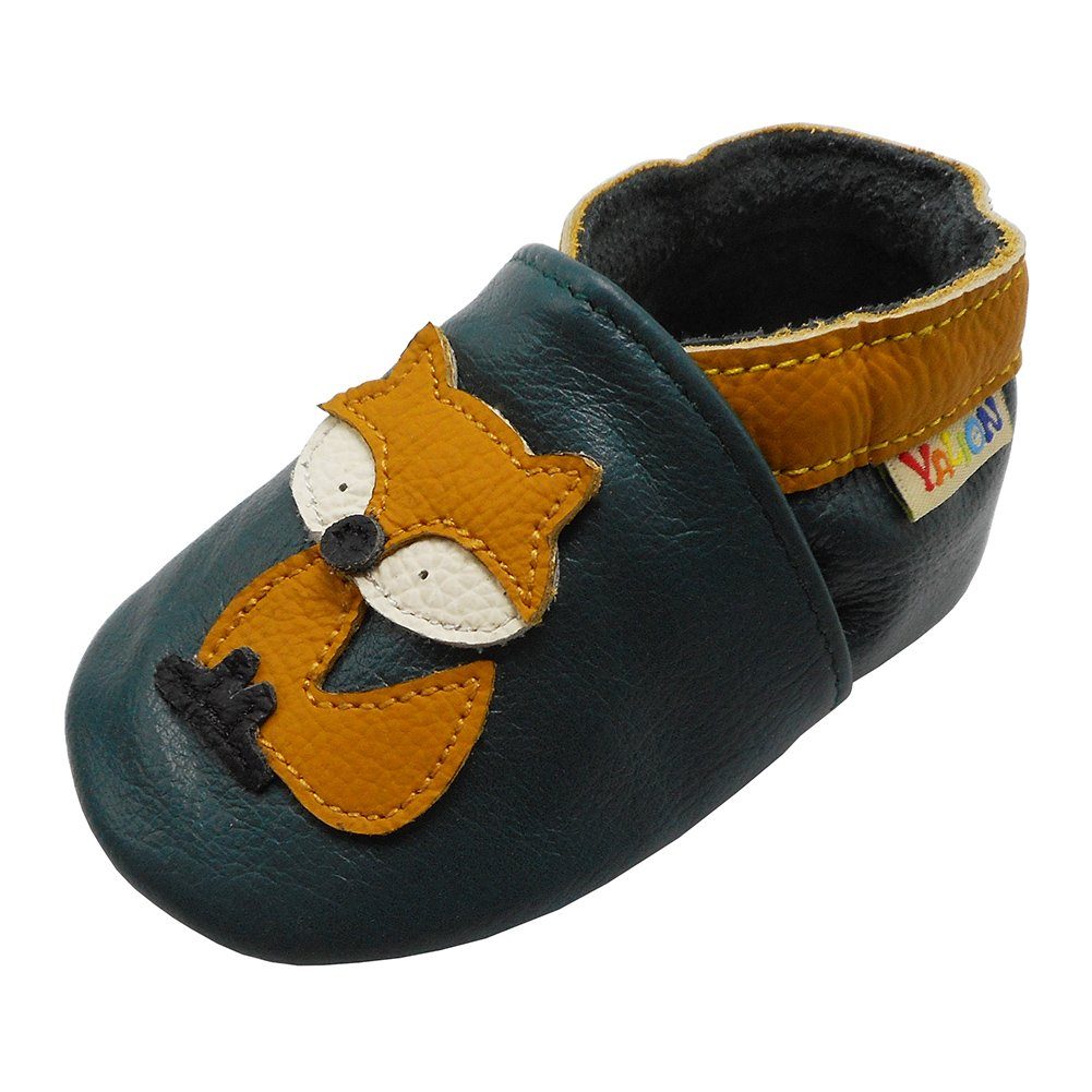 Yalion Weiche Leder Lauflernschuhe Hausschuhe Lederpuschen Fuchs grün Krabbelschuh