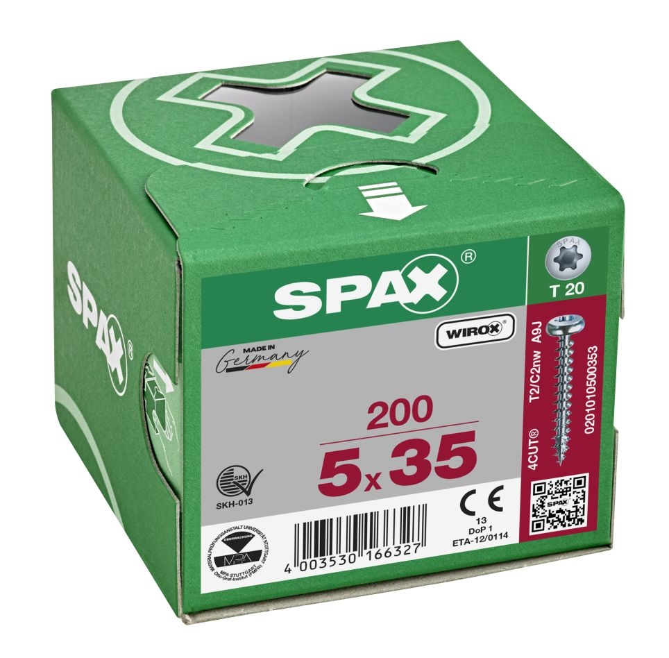 SPAX 0201010500353 Universalschraube 5 x 35 mm, Vollgewinde, Rundkopf, T-STAR plus T20 – 200 Stück