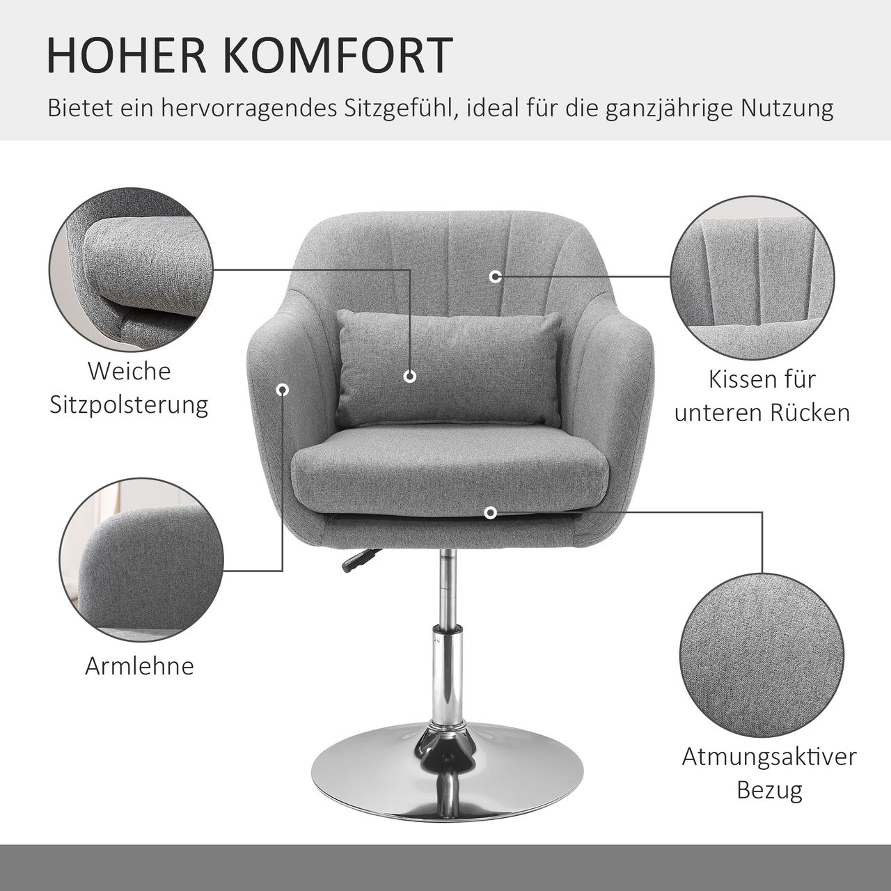 HOMCOM Arbeitshocker Drehhocker Drehstuhl Bürostuhl höhenverstellbar Grau