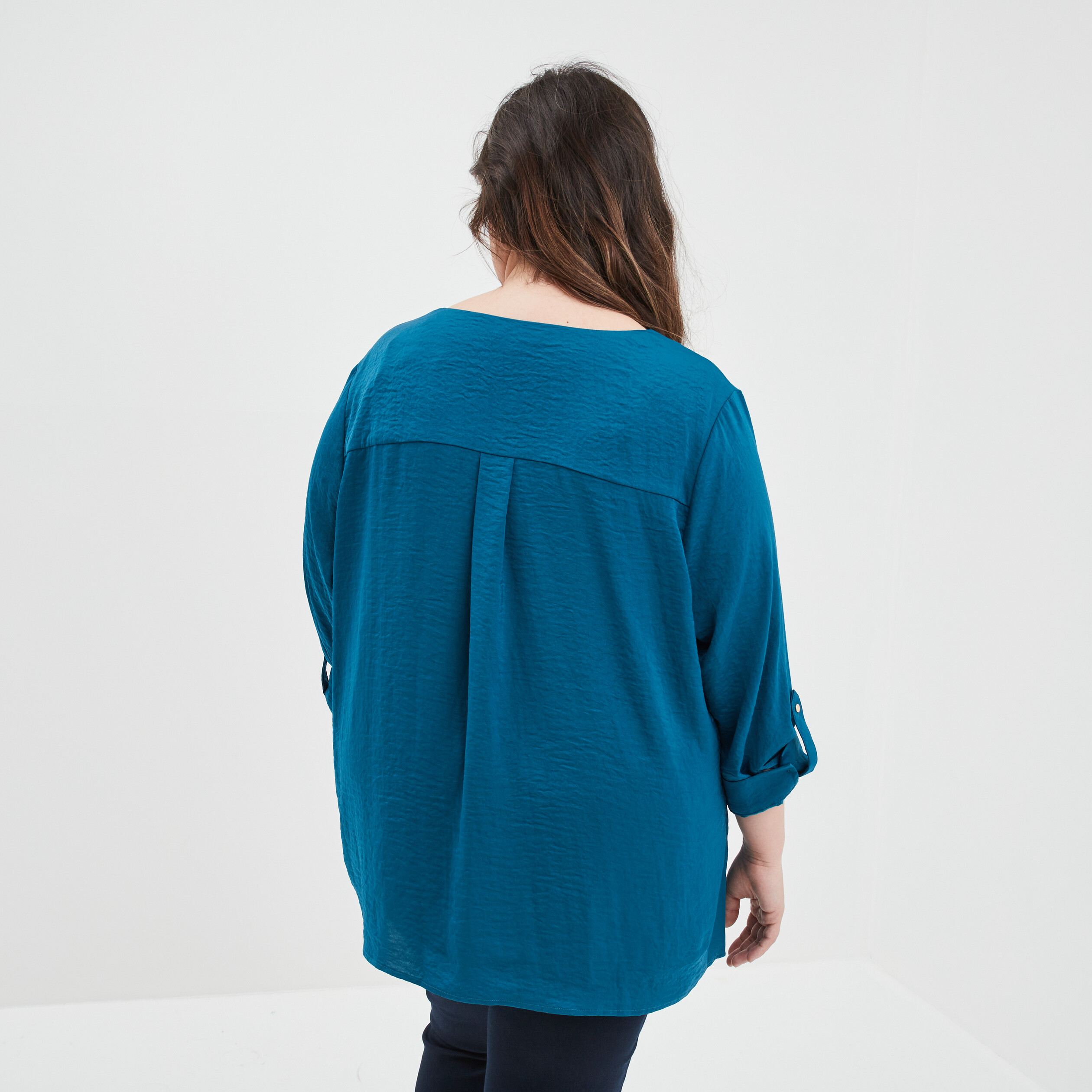 Blouse satin col V manches 3 4 bleu canard femme grande taille | La Halle