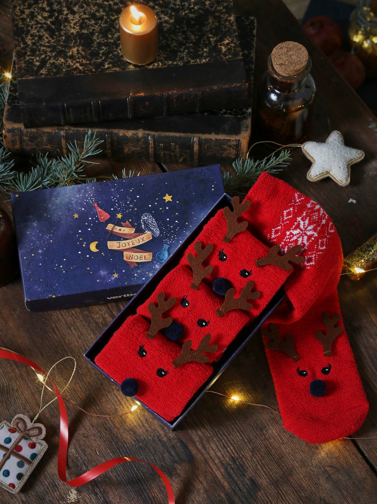 Pack chaussettes noël fille enfant + adulte rouge foncé imprimé