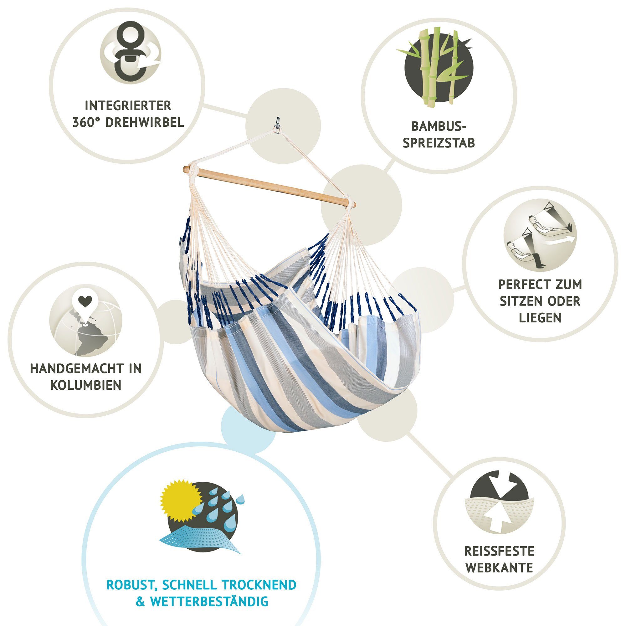 La Siesta Hängestuhl Hängestuhl Domingo Sea Salt - Wetterbeständiger Hängestuhl Comfort Siz, Hochwertige Qualität
