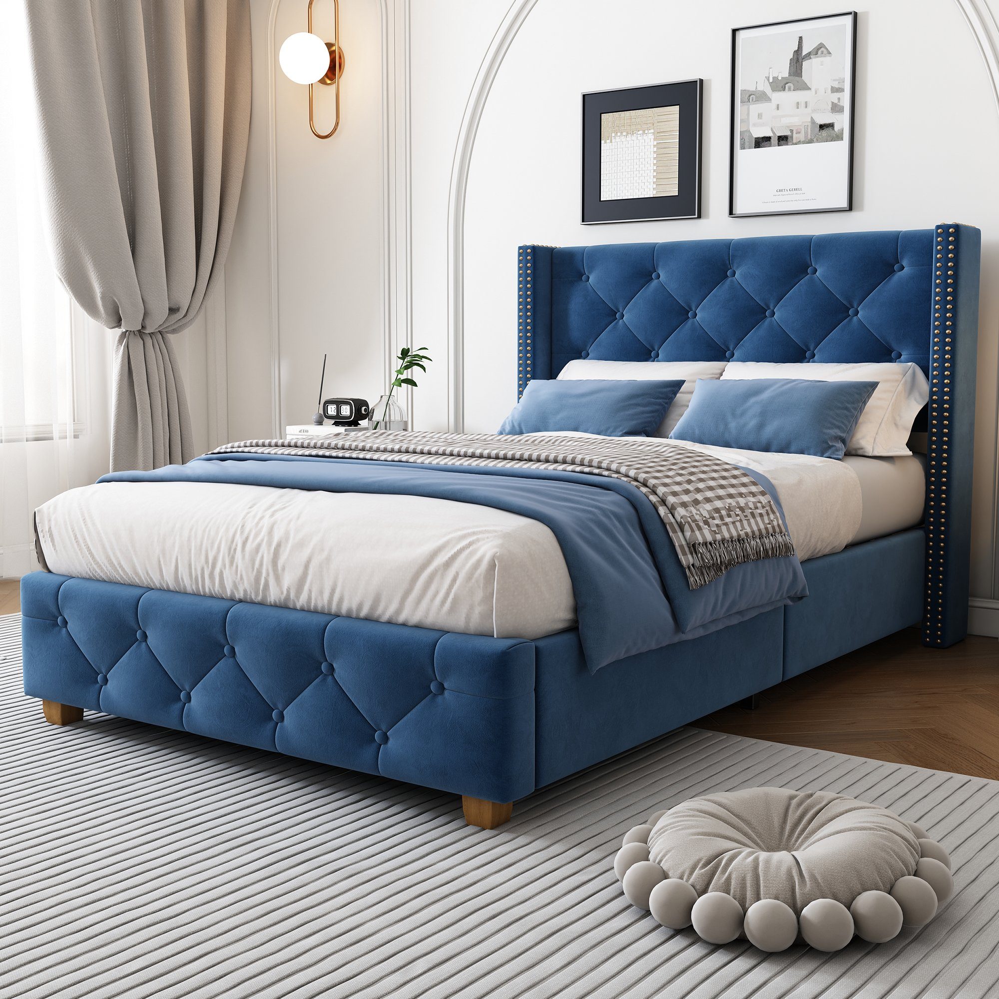 Flieks Polsterbett, Massivholz Einzelbett 90x200cm mit Lattenrost und Polster-Kopfteil