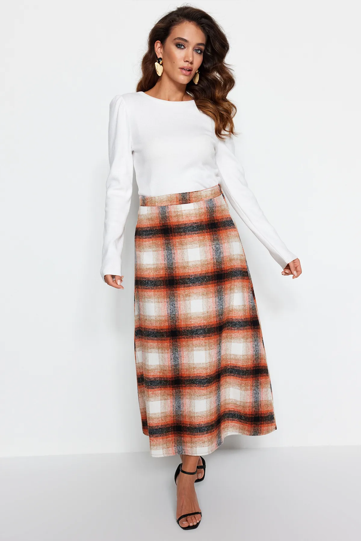 Trendyol Modest  Orange karierter Winterrock TCTAW22EE0006