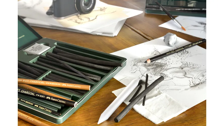 FABER-CASTELL Kohlestift Pitt fettfrei schwarz 3er Set schwarz