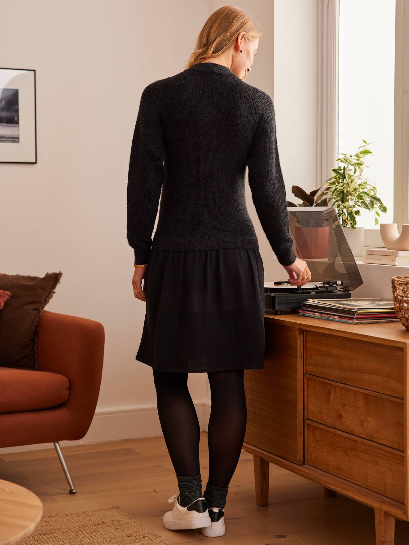 Vertbaudet Strickkleid mit Musselinrock, Schwangerschaft & Stillzeit - schwarz
