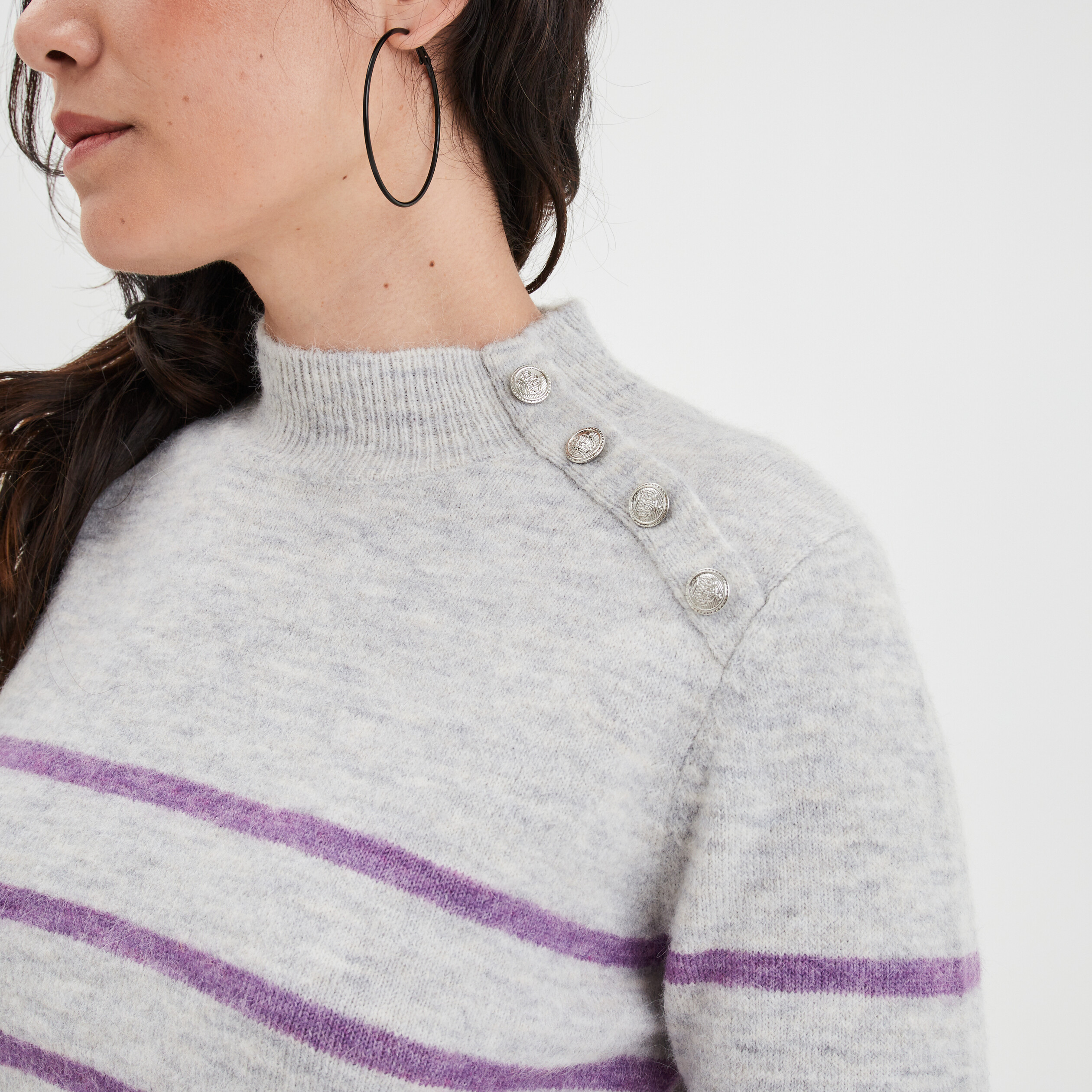 Pull marinière boutons à l'épaule gris clair femme | La Halle