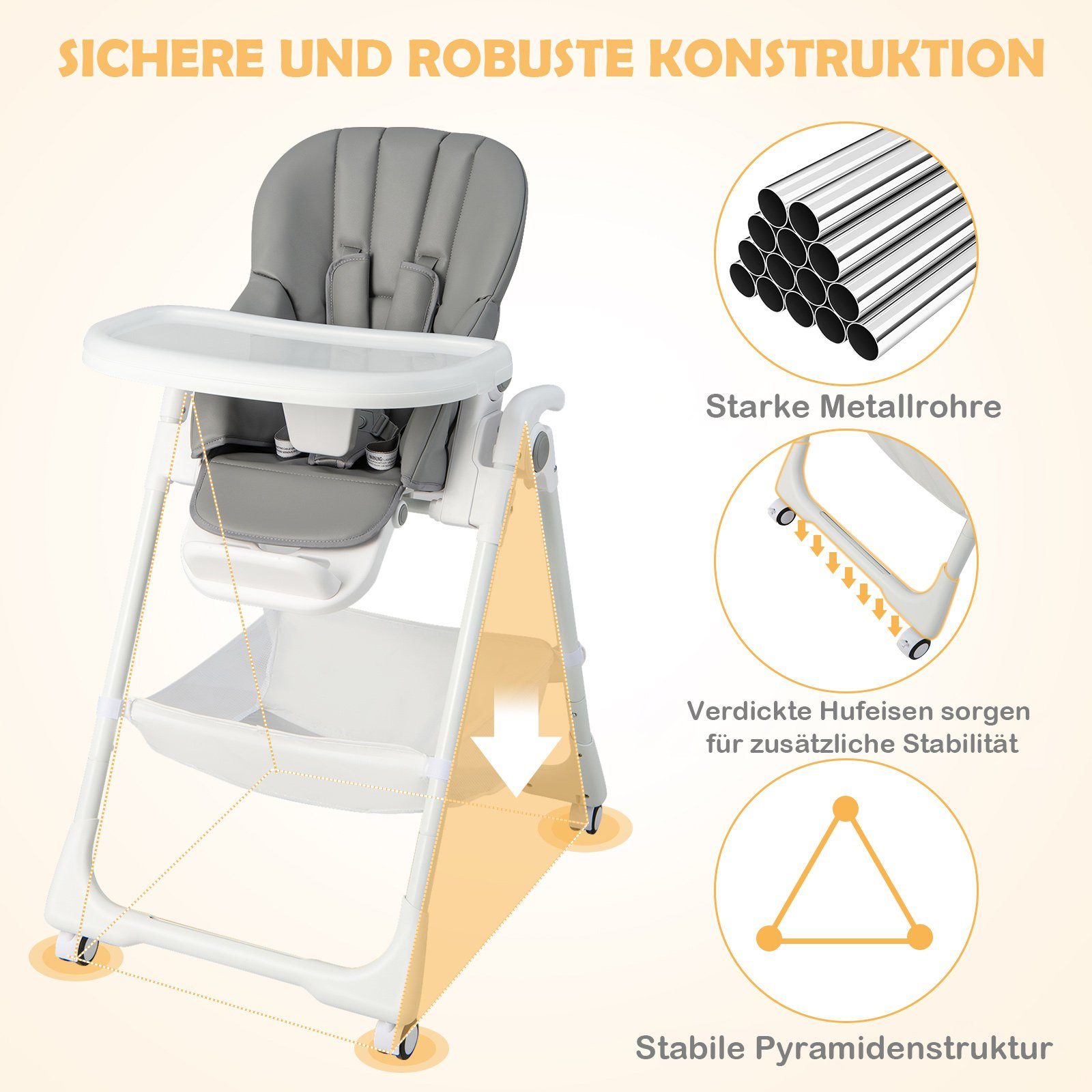 COSTWAY Hochstuhl, klappbar, höhenverstellbar, mit 5-Punkt-Gurt, für 6-36 Monaten