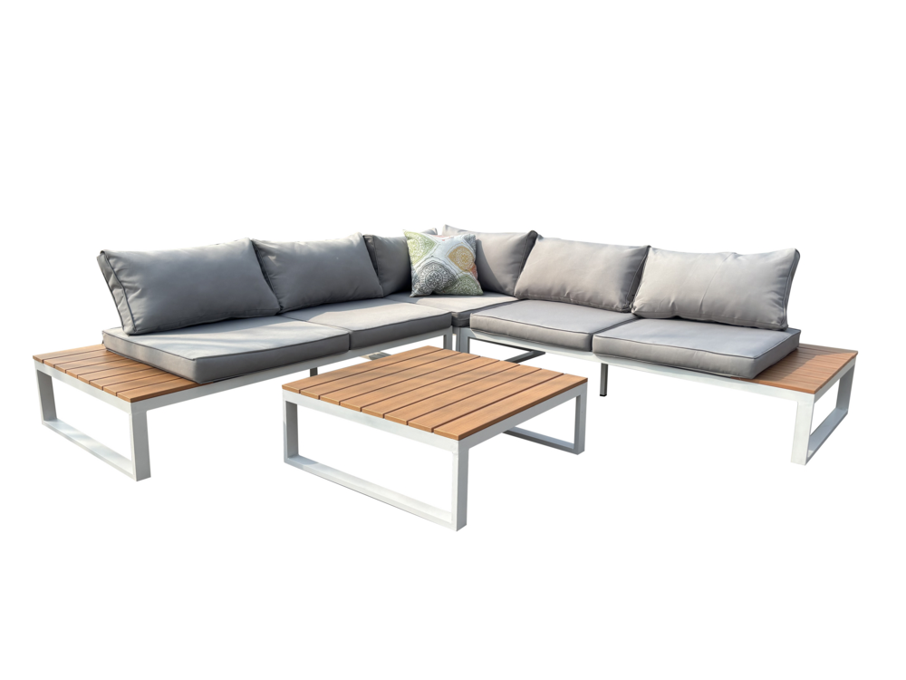 Happy Home Happy Home 14 tlg. Loungeset aus Aluminium inkl. Auflagen HGS64-HGR hellgrau mit Holzoptik