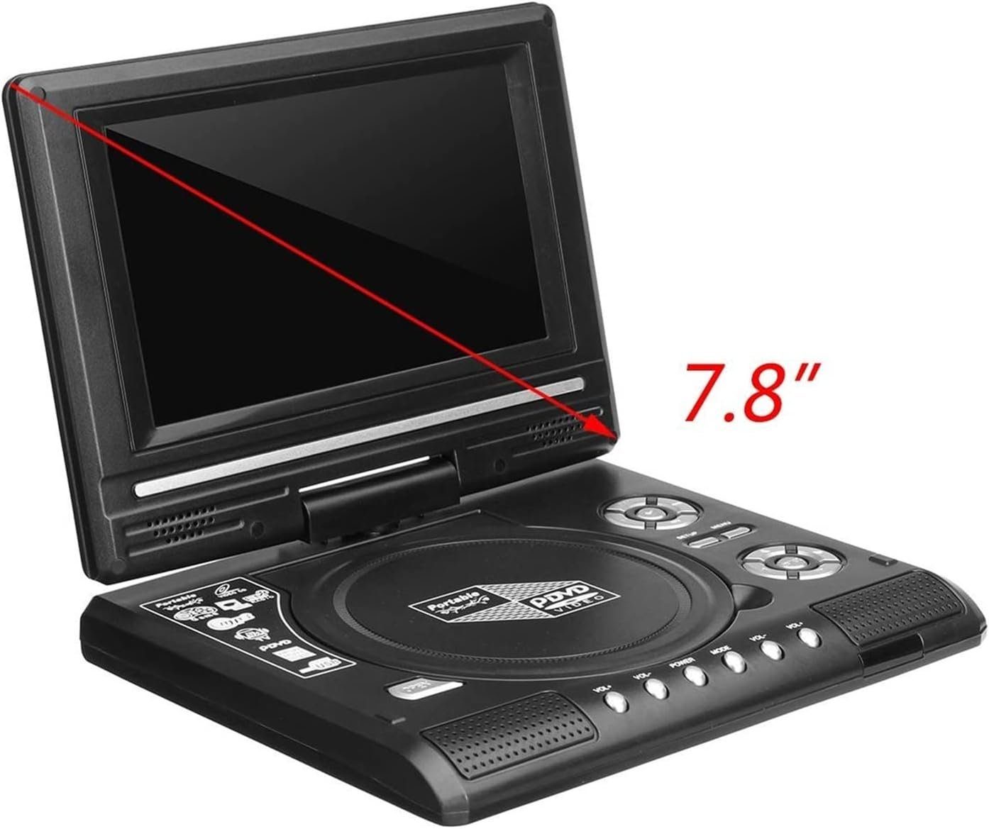 AKKEE Tragbarer DVD Player 270 Grad Drehung DVD-Player (Mit 7,8 Zoll großes klares LCD-Display, Unterstützte Funktionen,Spielfunktion, FM-Funktion)