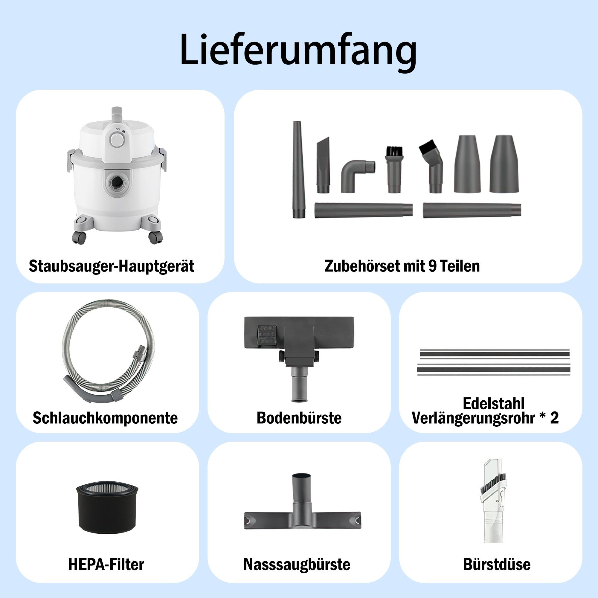 Mutoy Bodenstaubsauger Nass-Trockensauger 15 L Behälter, 3,5 kg leichter Staubsauger