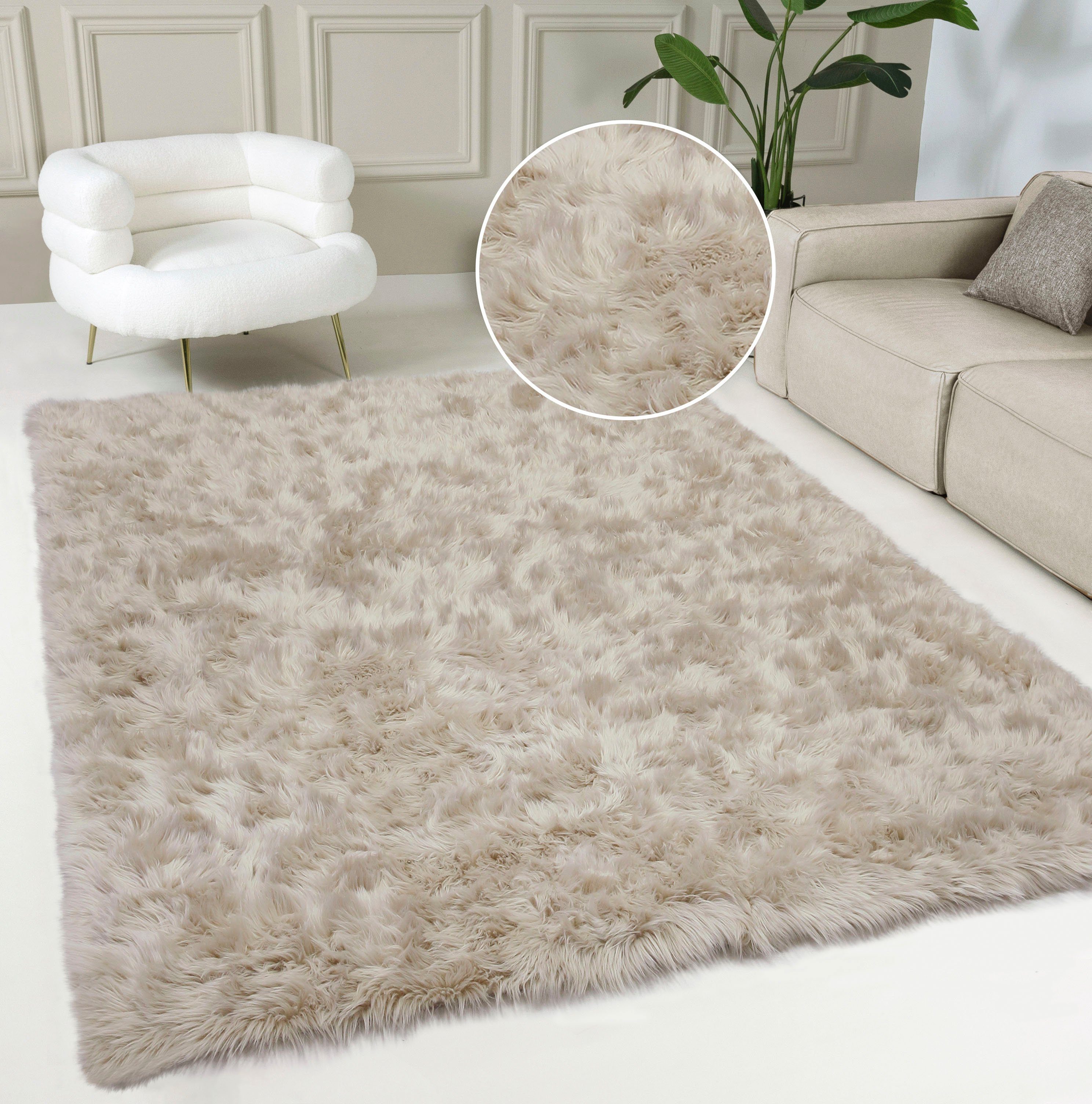 Hochflor-Teppich Dena Teppiche, Home affaire, rechteckig, Höhe: 60 mm, Kunstfell, weich, Uni-Farben, Wohnzimmer, Schlafzimmer, Esszimmer