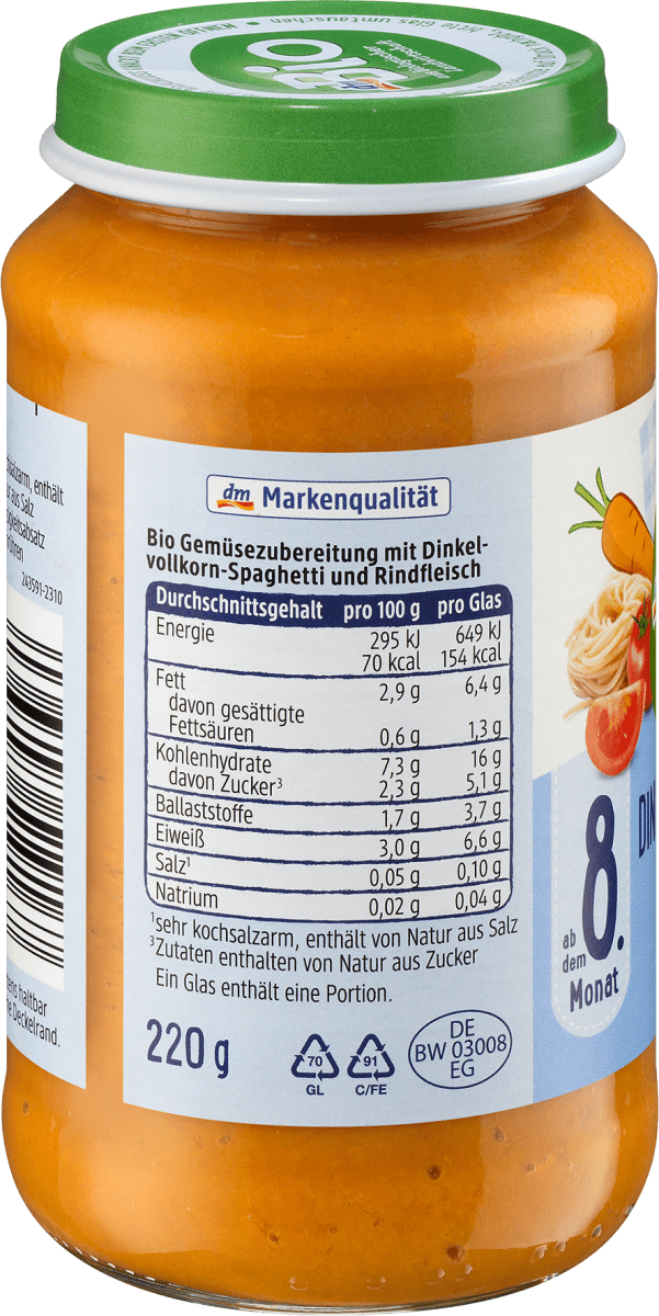 Menü Dinkel-Spaghetti Bolognese ab dem 8. Monat, Demeter, 220 g