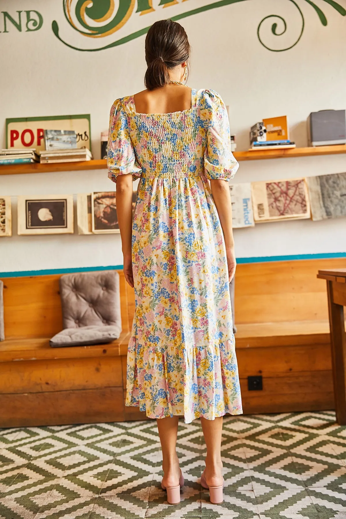 Olalook  Gelbblaues Gimped-Freizeitkleid aus gewebter Viskose für Damen ELB-19001483
