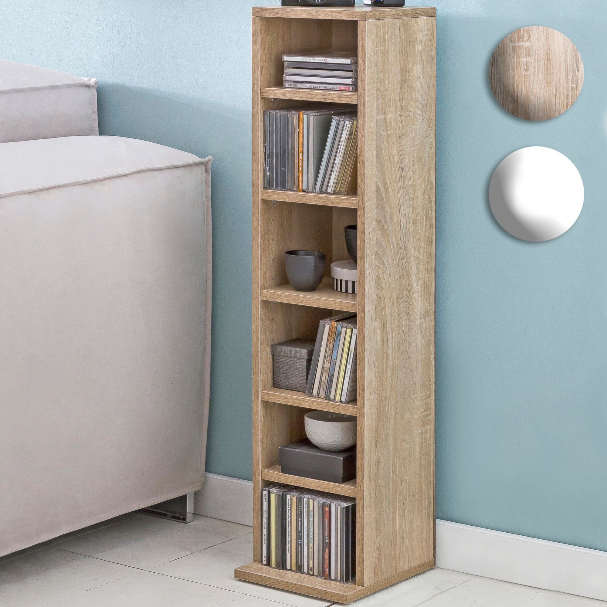 FINEBUY CD-Regal SuVa14550_1, 21x90x20 cm, Offenes Bücherregal Schmal Weiß, CD Aufbewahrung Klein, Nischenregal 6 Fächer