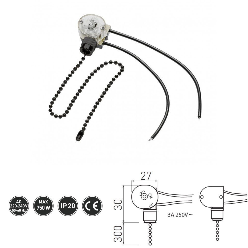 GTV Verbindungsklemme Lampen Zugschalter Licht Ziehschalter Kettenzug Kette Ein-Aus Schalter, Maße: 27 x 30 mm (LxB) & 30cm, Farbe: Schwarz, MAX 750W, AC 220-240 V