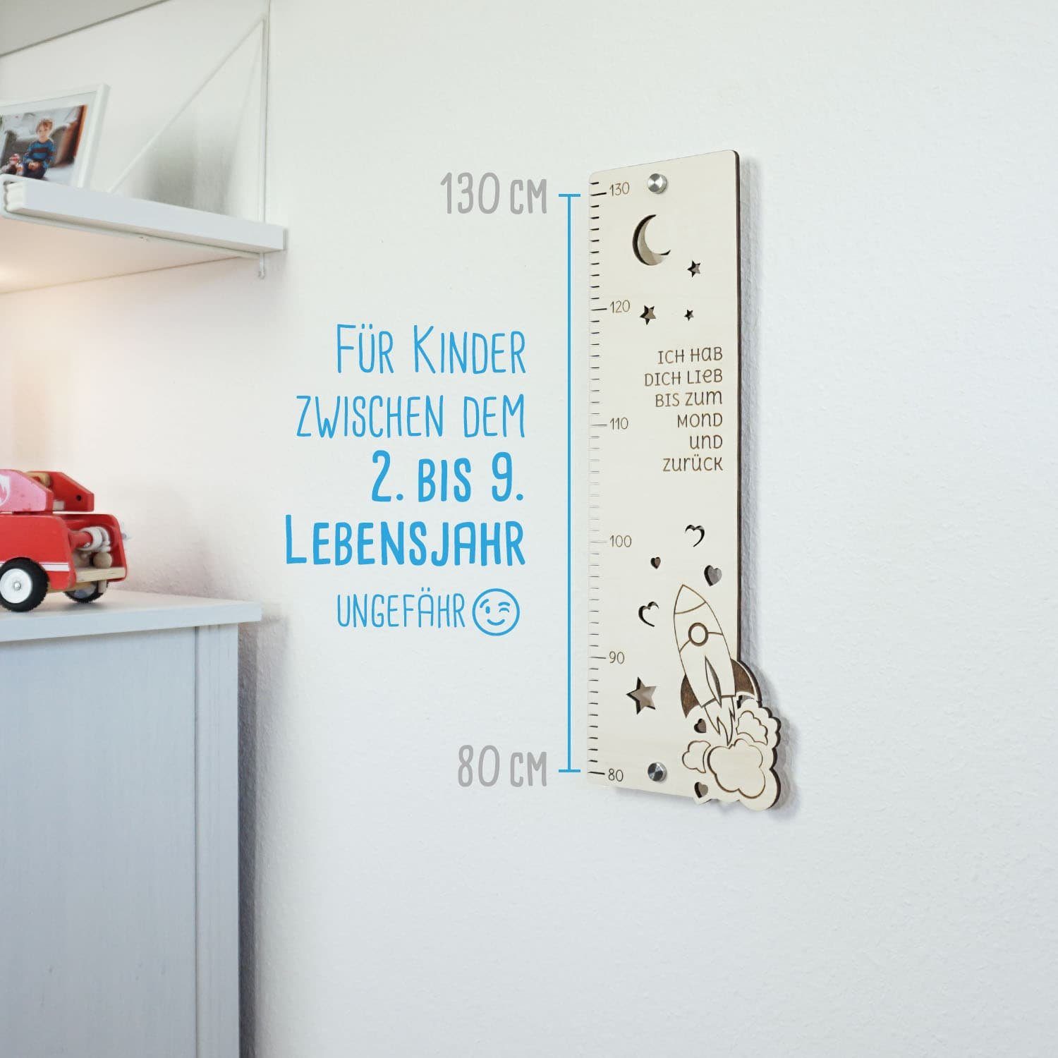 Namofactur Messlatte Kinder Holz Messlatte „Ich hab dich lieb bis zum Mond..” Junge Mädchen, Skala von 80-130 cm, Inkl. Edelstahl Wandhalterung Set