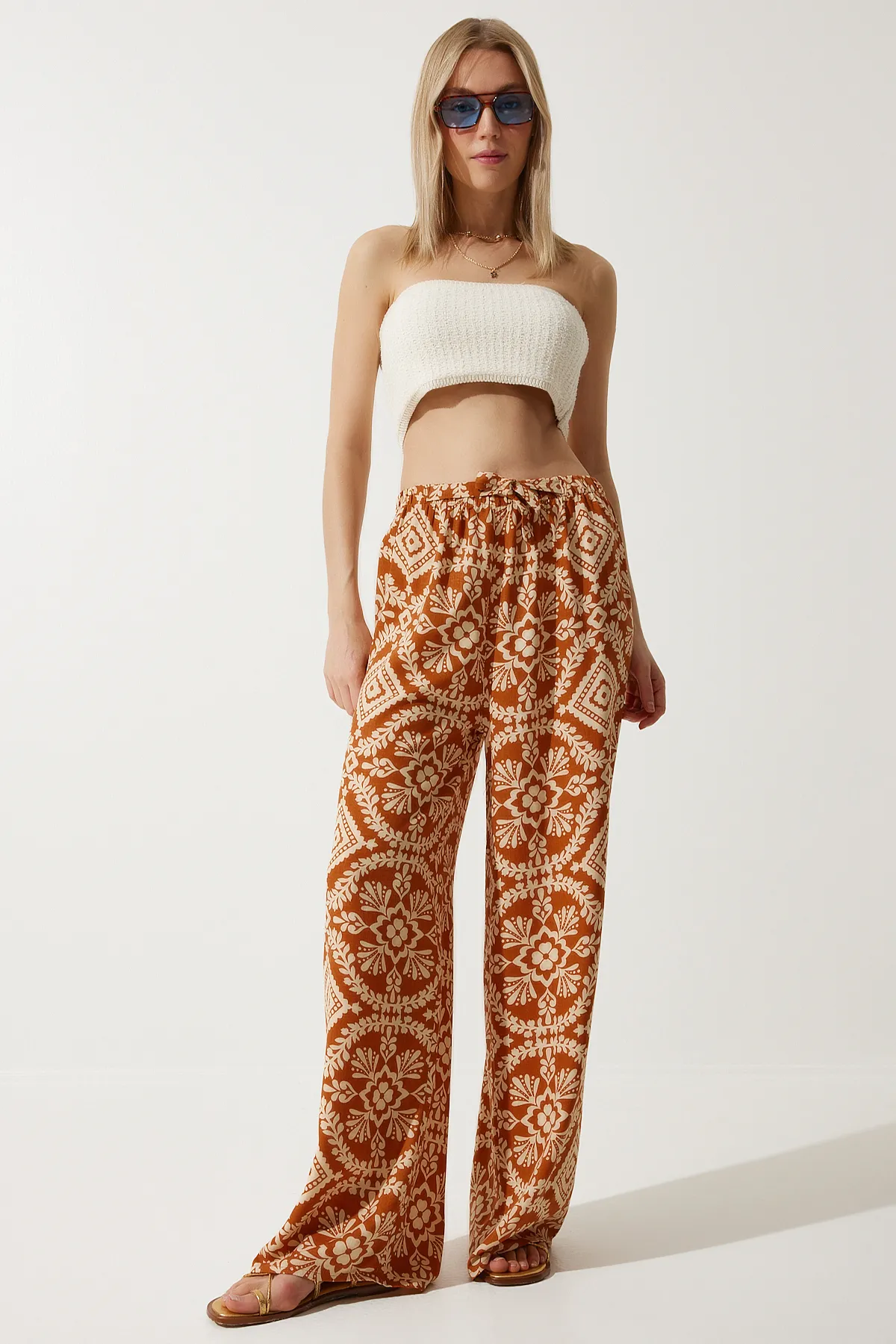 Happiness İstanbul  Ziegelbeige gemusterte Palazzo-Hose aus Rohleinen für Damen BH00397
