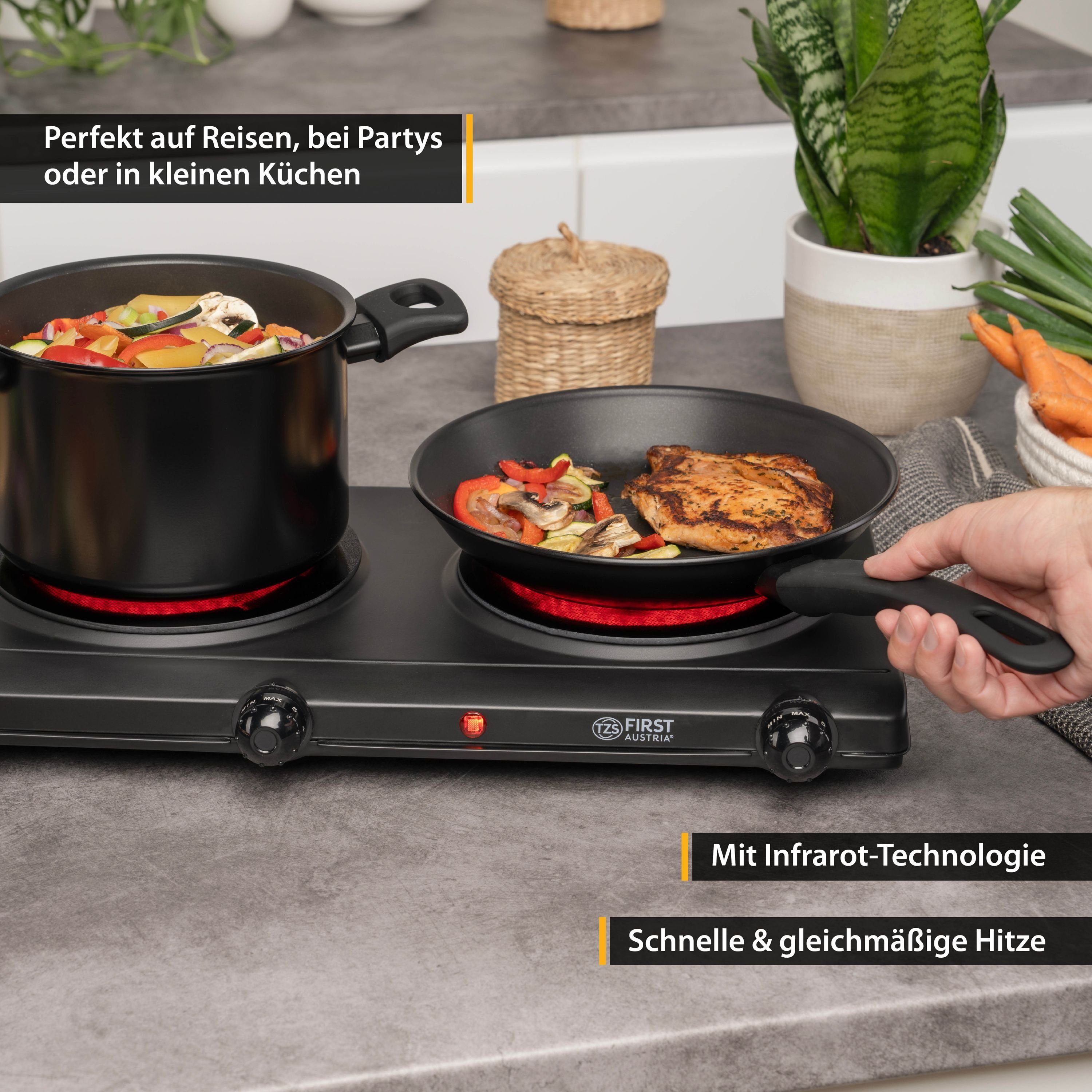 TZS FIRST AUSTRIA Doppelkochplatte Infrarot Kochplatte, 2500W, Keramik, stufenlose Temperaturregelung, Kochfeld Schwarz, Herdplatte für Camping