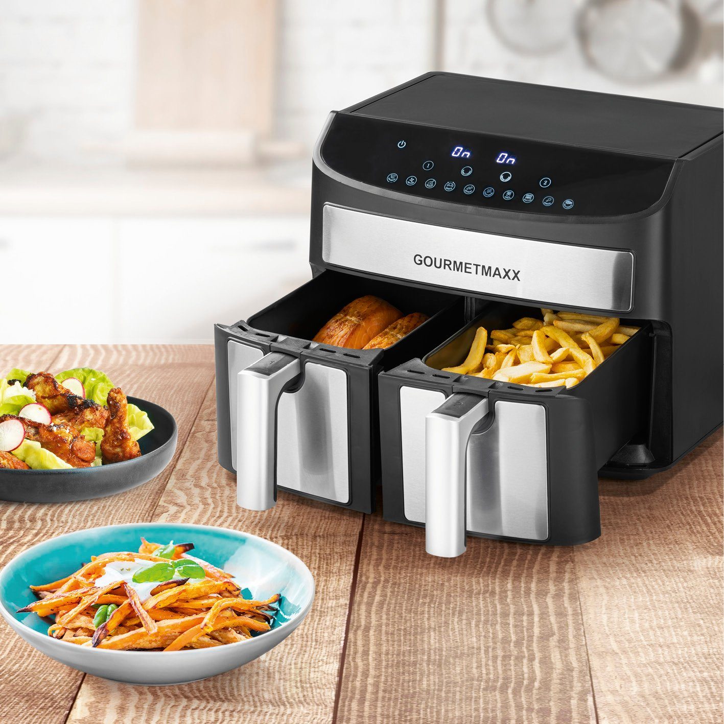 GOURMETmaxx Heißluftfritteuse Doppelkammer 7L, 2400,00 W, 2 x 3,5L Doppelkorb