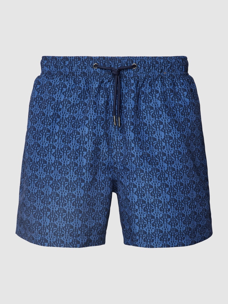 Badehose mit Allover-Label-Print in marineblau