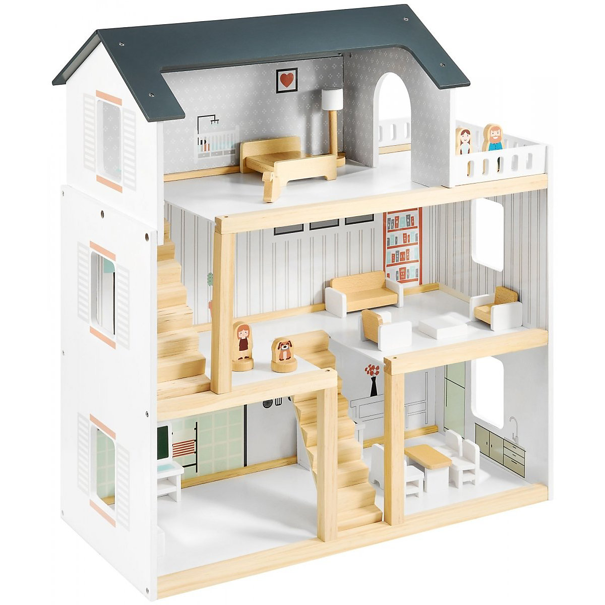 Puppenhaus Holz mit Möbeln und Zubehör 18-tlg